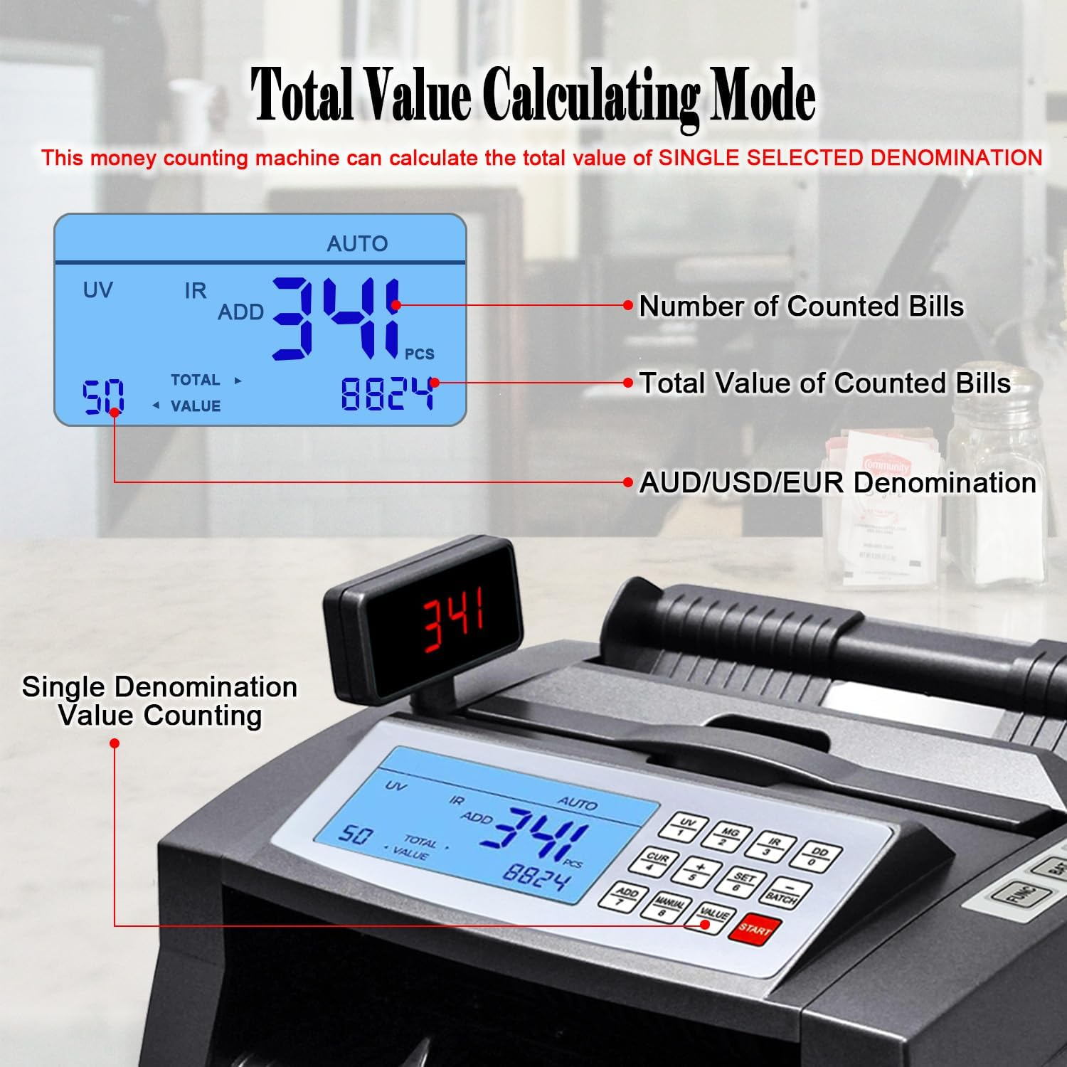 Money Counter Australian Note Bill Counting Machine AUD Cash Counter with Value Count, Add/Batch Modes, 3 Screens, LCD Display, AU Plug, UV/MG/IR/DD Counterfeit Detection Only for US Dollar, Euro image number 3