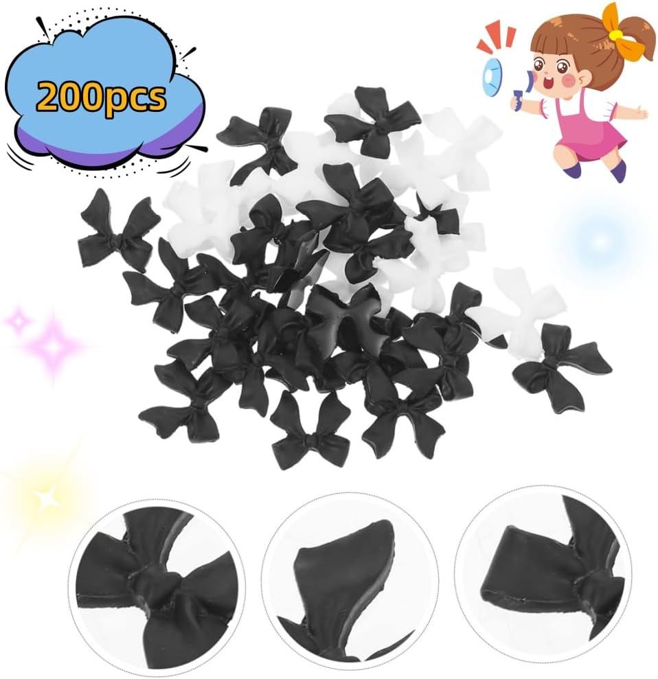 200Pcs 3D Colorful Aurora Bow Nail Art Decoration, Bow Nail Charms Nail Multi-Shape Charms Pendant Pearls Art Accessories(Black White)