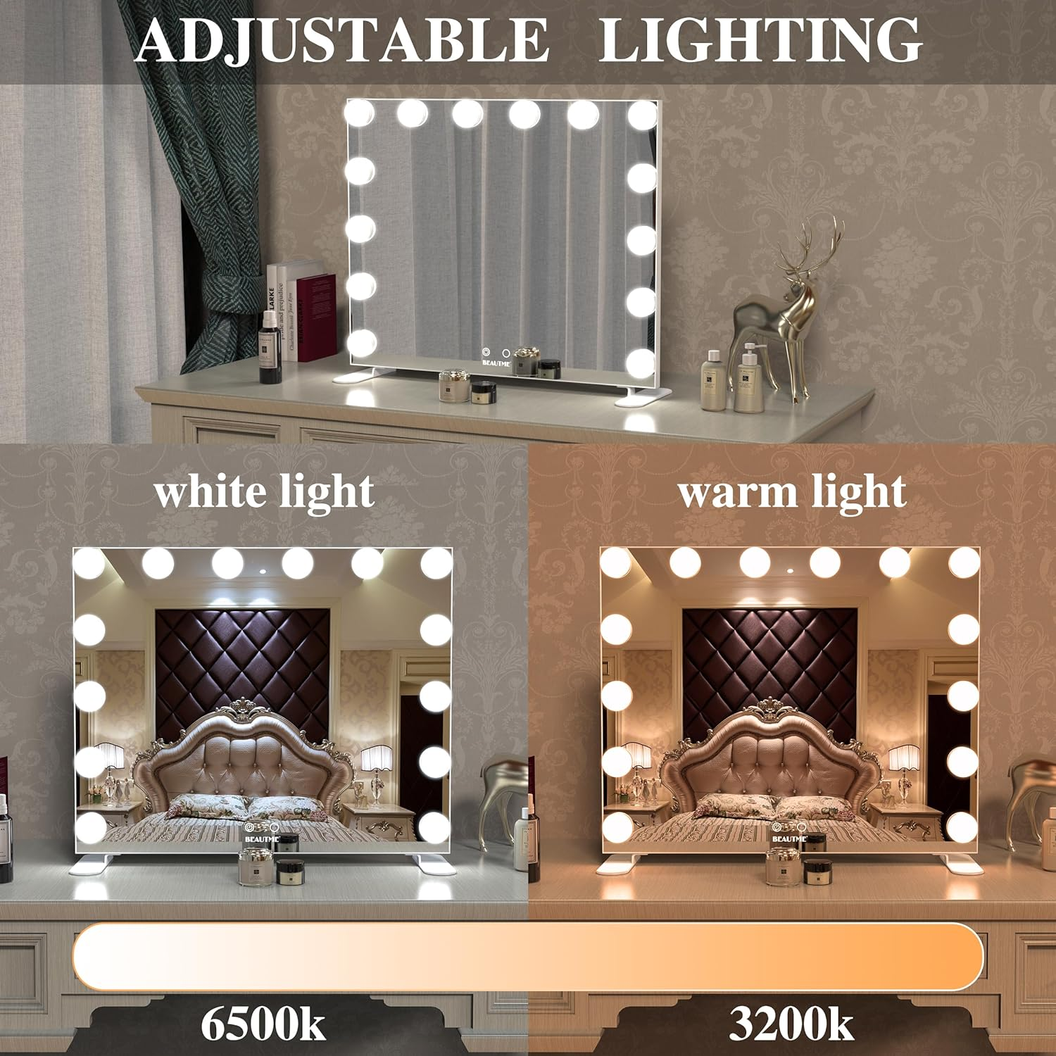 Vanity Mirror with Lights, White Hollywood Lighted Makeup Mirror with 14 Dimmable LED Bulbs for Dressing Room & Bedroom, Tabletop or Wall-Mounted, 60X50.7Cm image number 3