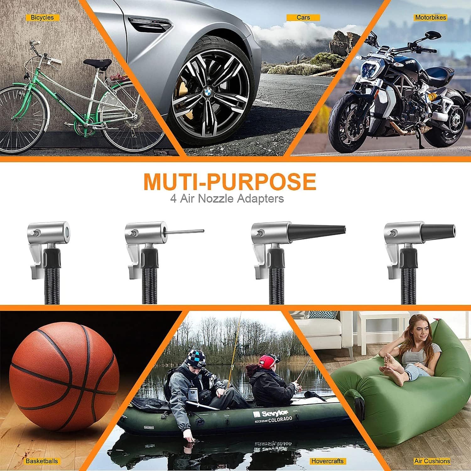 CUIFULI 12V Portable Car Tyre Inflator, Electric Air Pump, Digital Air Compressor, Automotive Tyre Inflator with LED Light, 4 Nozzles, Extra Fuse image number 5