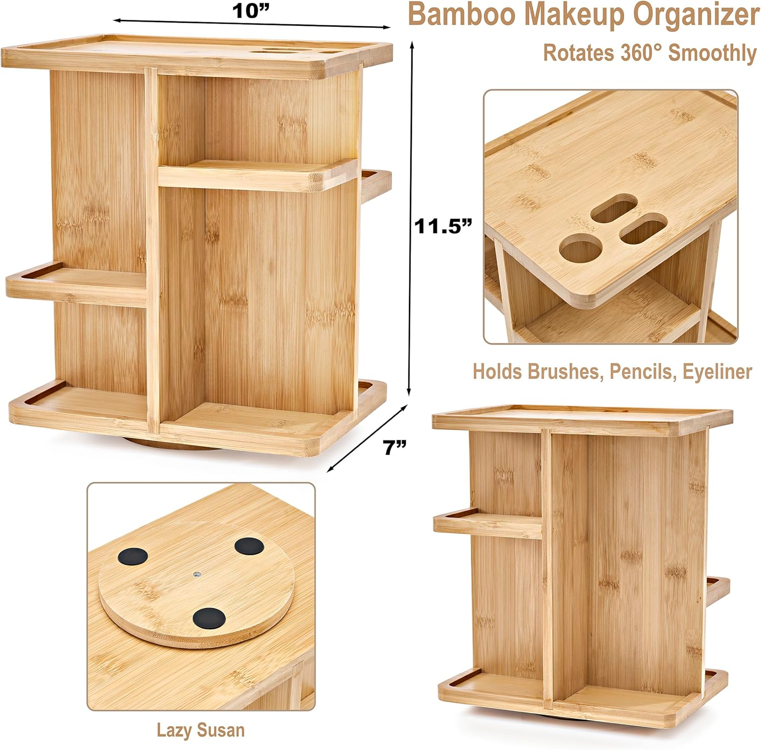 Sorbus 360&deg; Makeup Organizer - Bamboo Wood Make up Storage Carousel for Cosmetics, Skin Care Rotating Makeup Organizer for Vanity, Bathroom Storage image number 5