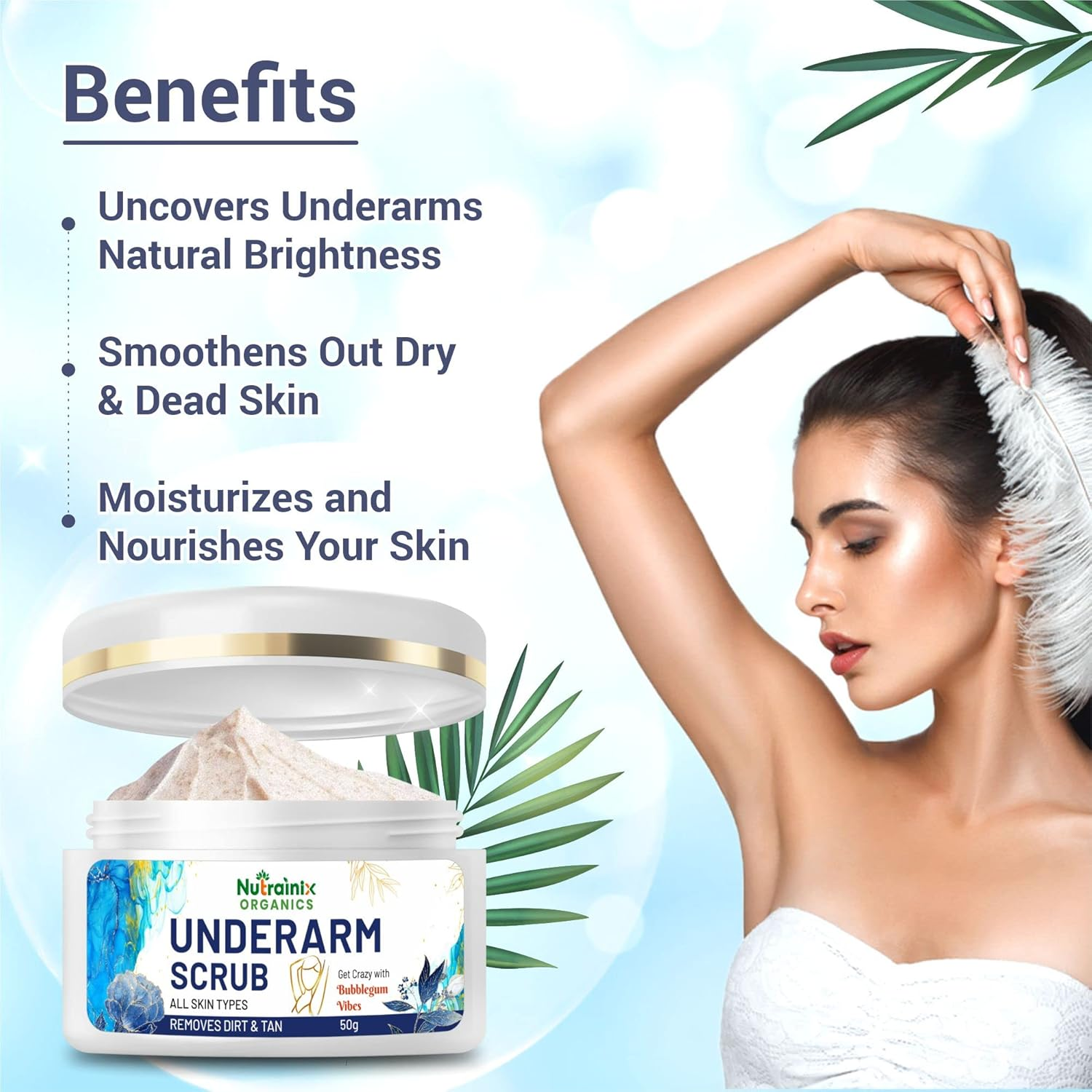 Nutrainix Organics Underarm Scrub for Bikini Area, Neck, Hip, Thigh, Intimate Area, Elbow | Intense Dark Spot Removal | Keep Your Underarms Clean and Remove Tanning - Suitable for All Skin Types - 50G image number 4