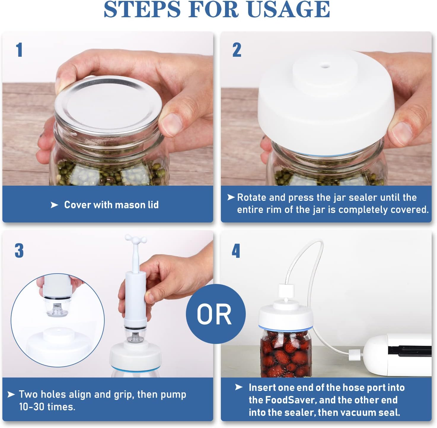 RECAT Mason Jar Vacuum Sealer Kit for Foodsaver with Accessory Hose for Wide and Regular Mouth Jars, Manual Portable Pump and Lid Opener image number 3