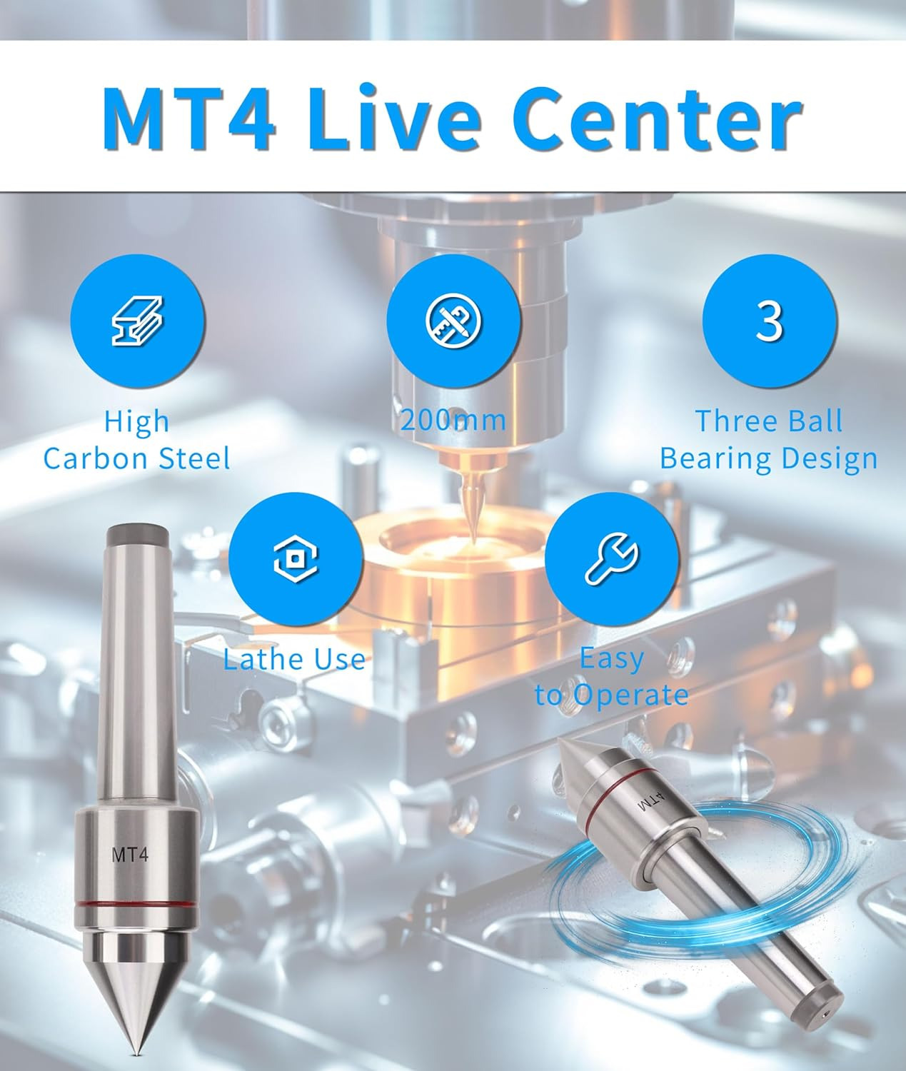 MT4 Live Center, High Carbon Steel CNC Lathe Tailstock Rolling Center, High Precise Good Sealing Heavy Duty Live Tailstock Center for High Speed Machining image number 2