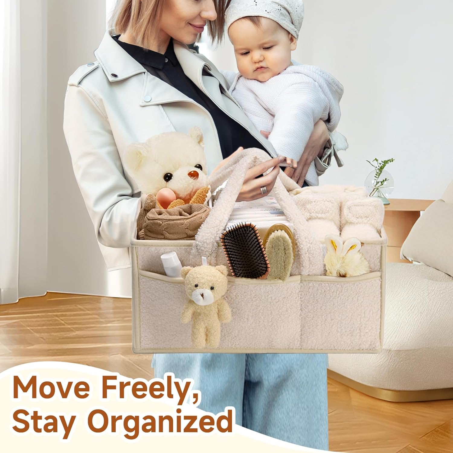 Togemvvs Baby Diaper Caddy Organizer, Baby Storage Basket for Diapers and Wipes, Portable Nappy Caddy with Bear (Ivory White) image number 5