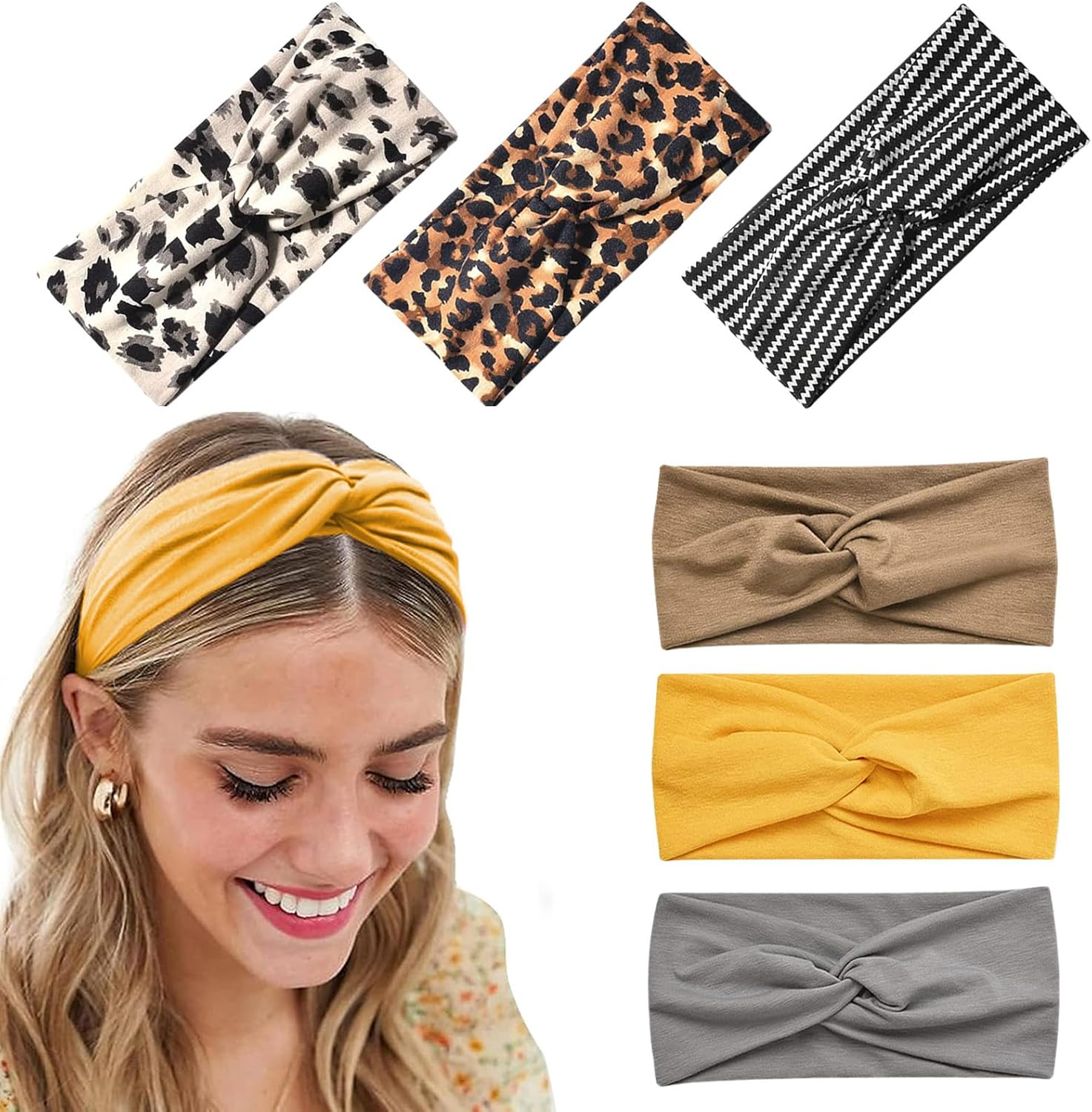 Nayyana 6 Pack Headbands for Women, Non-Slip Elastic Hair Bands, Yoga, Workout, Running, Sports, Sweat, Hair Wrap for Girls, Leopard Print and Plain Headband image number 1
