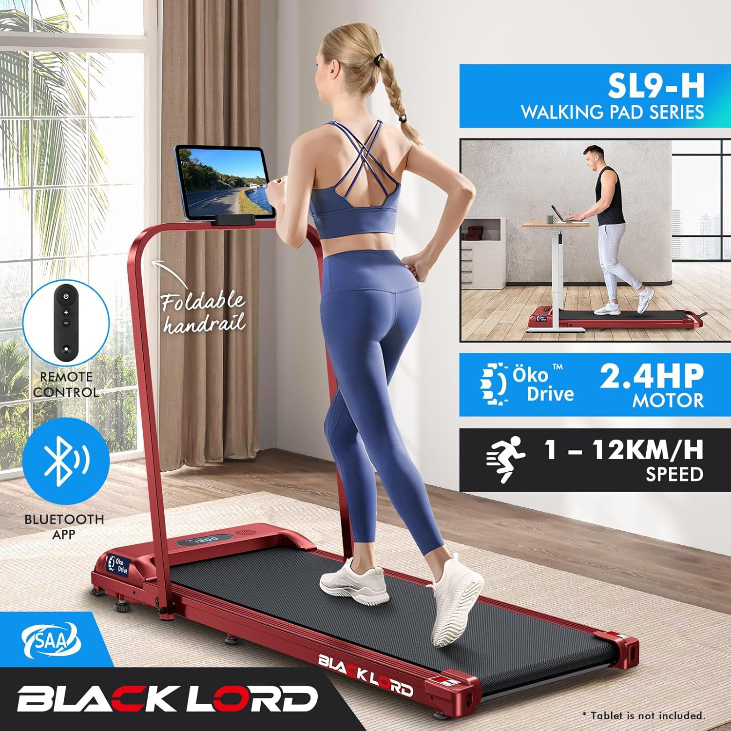 BLACK LORD Foldable Walking Pad Treadmill with Handle 2.4HP, 380Mm Belt Running Machine for Home Gym, Portable under Desk Treadmill Trainer with Remote Control, SL9-H Series image number 5