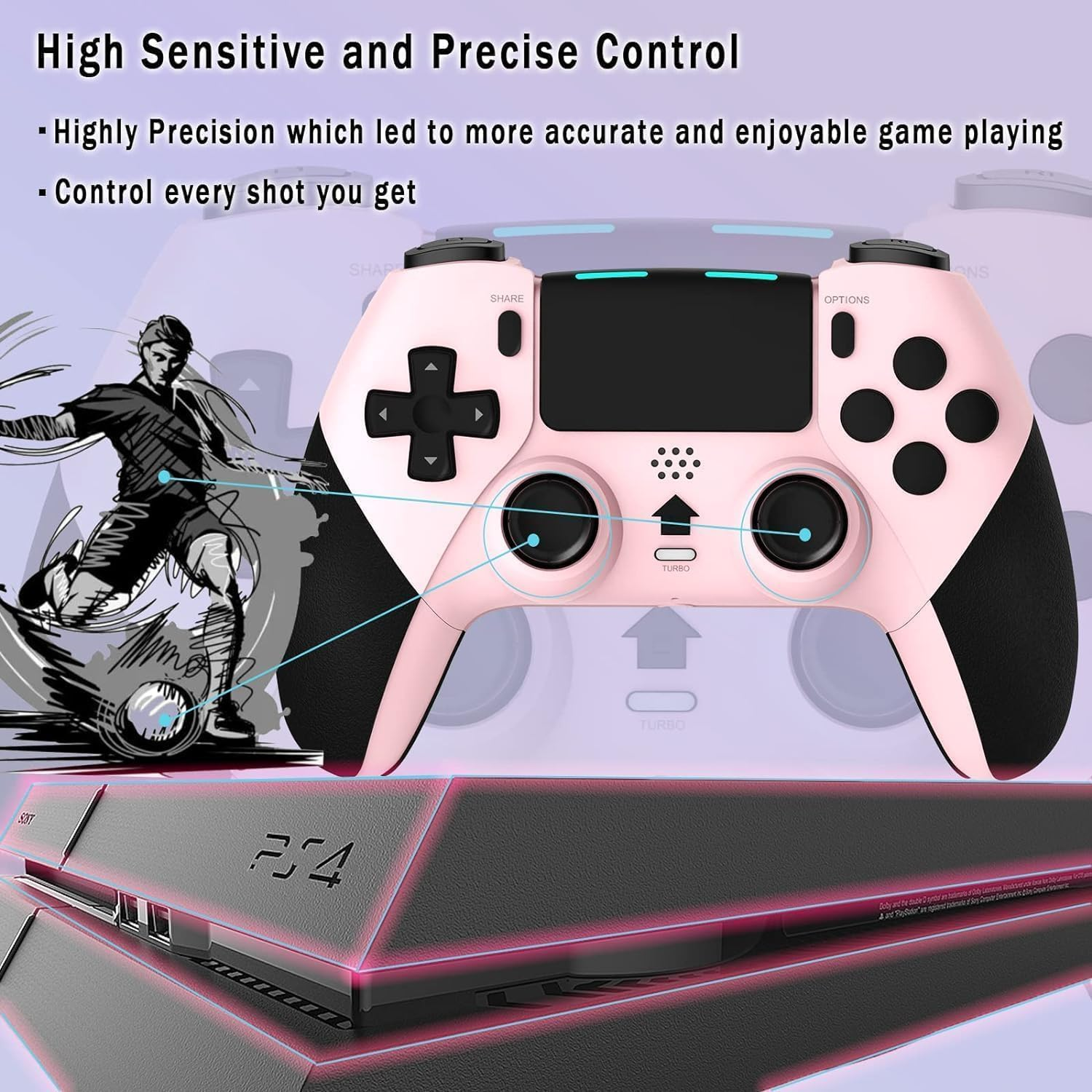 Wireless Pro Controller for PS4 Controller, Game Controller Compatible with Playstation 4/ Slim/ Pro/ PC, Built-In 800Mah Rechargeable Battery/ Responsive Joystick and Buttons/ Audio/ Turbo (White & Black) (Pink+Black) image number 6