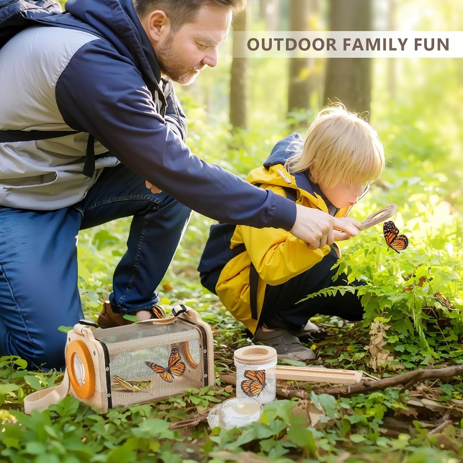 Ikubigu Bug Catcher Kit for Kids, 8-In-1 Wooden Insect Exploration Set with Butterfly Net, Magnifying Glass, Bug Habitat, Tweezers, Compass, outside Toys for Toddlers image number 6