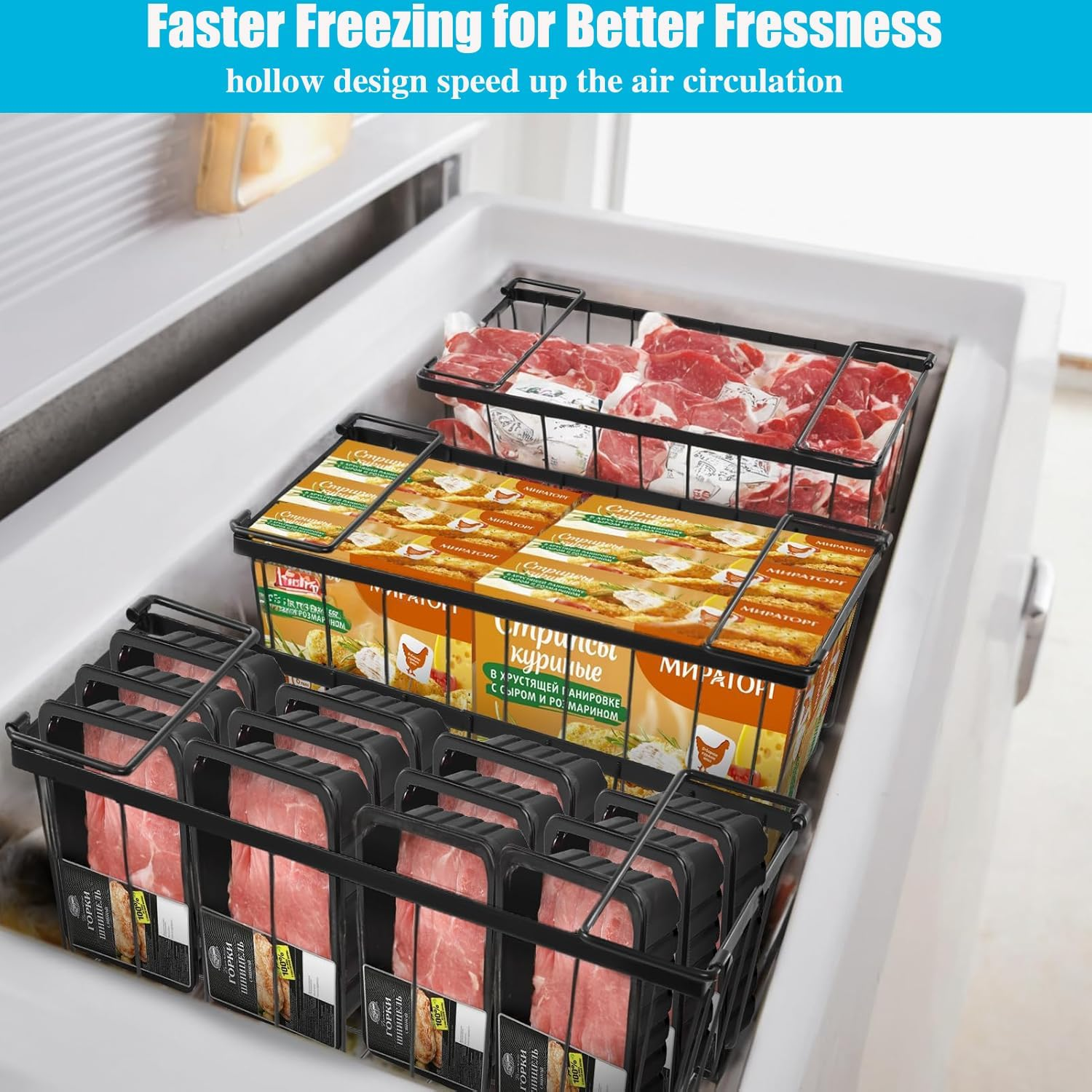 Chest Freezer Organizer,4 Pack Freezer Baskets for Chest Freezer,Stackable Metal Deep Freezer Basket,For Upright Freezers Sort Frozen Meats & Food with Better Space Utilization image number 3