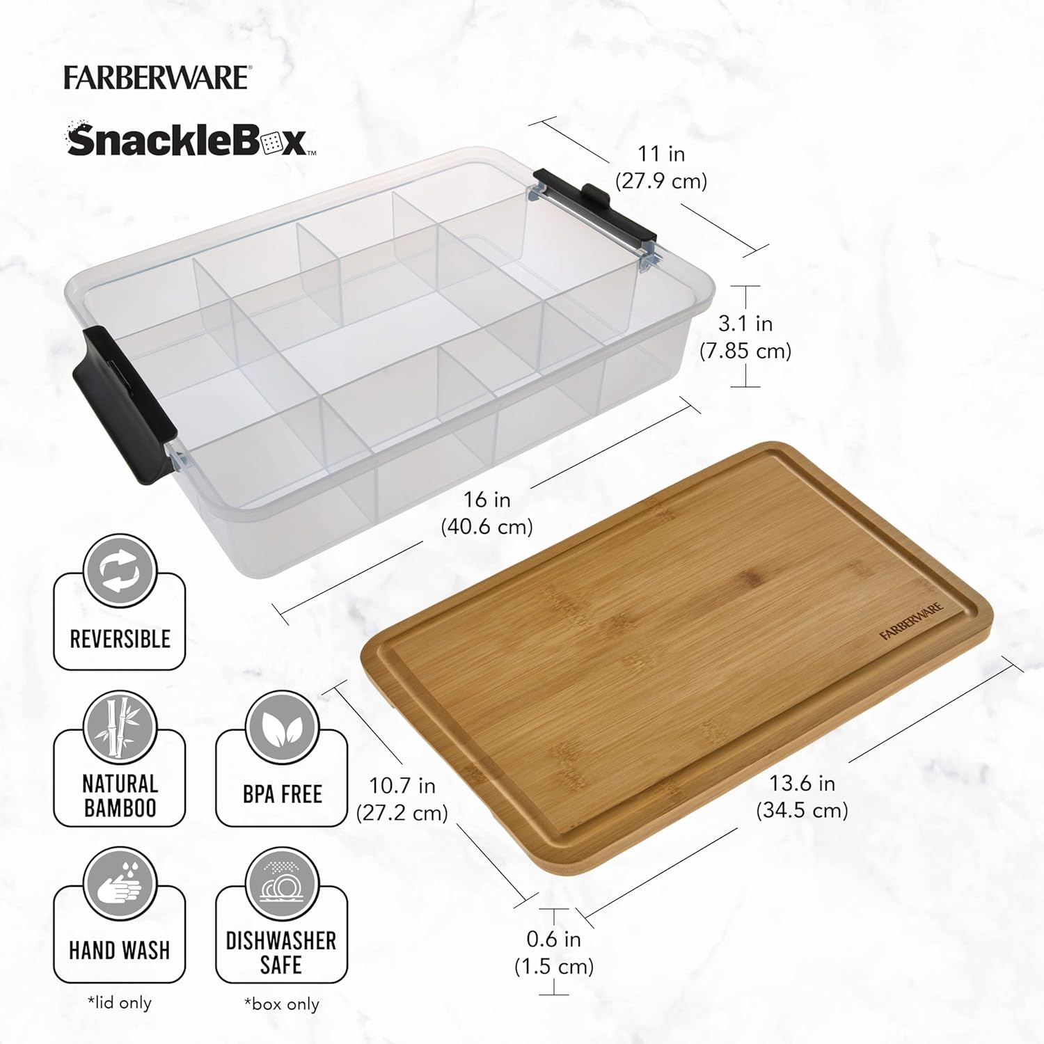 Farberware Build Snacklebox Serving Tray with Locking Bamboo Cutting Board Lid, Portable Storage Container with Compartments for Charcuterie, and More, Natural image number 2