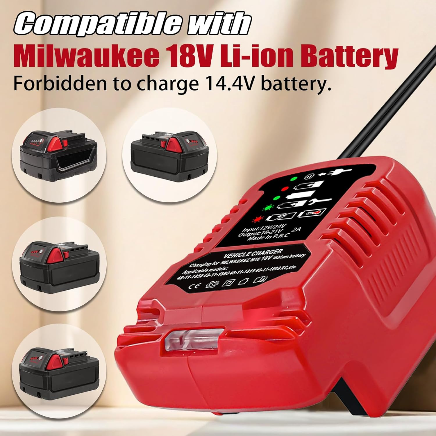 For Milwaukee 18V Charger,Car Charger,Compaitble with Milwaukee M18 Lithium Ion Vehicle Charger,Battery Charger for Battery 18V C18B, C18BX, M18B, M18B2, M18B4, M18BX Battery image number 1