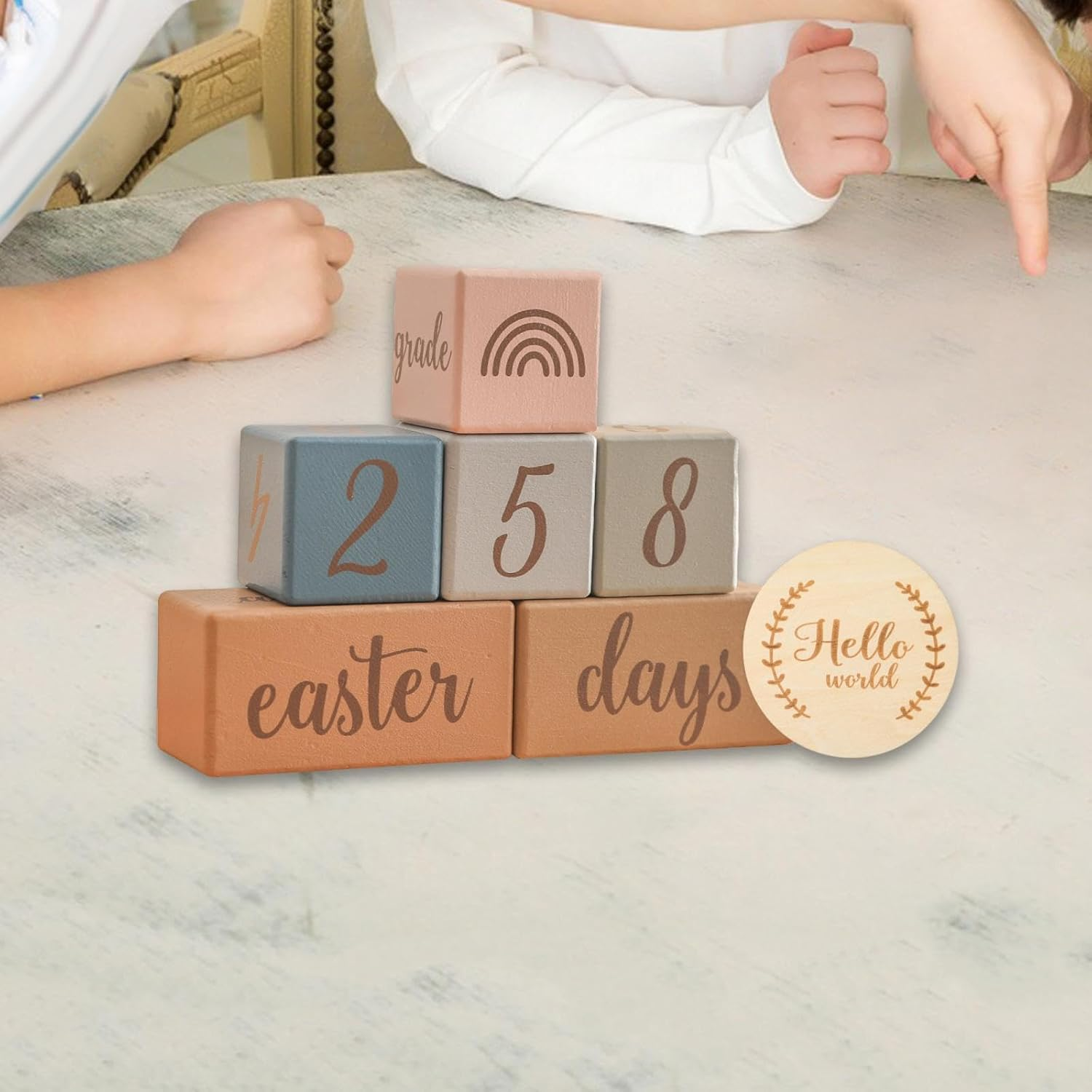 Milestone Blocks Set Memories Growing Up, Week Month Year Creative Decoration Boys or Girls Wooden Discs, Age Blocks, Blue - Pink image number 4