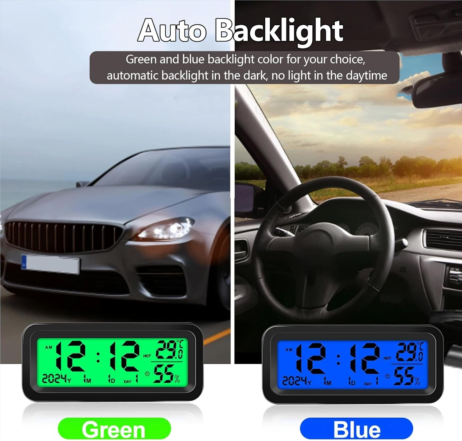 Dashboard Clock with Automatic Backlight at Night(Green & Blue), Temperature and Humidity Monitor, 12/24 Hour Format Time, Calendar, Solar Power and Type C Cable Charging for Car Truck image number 3