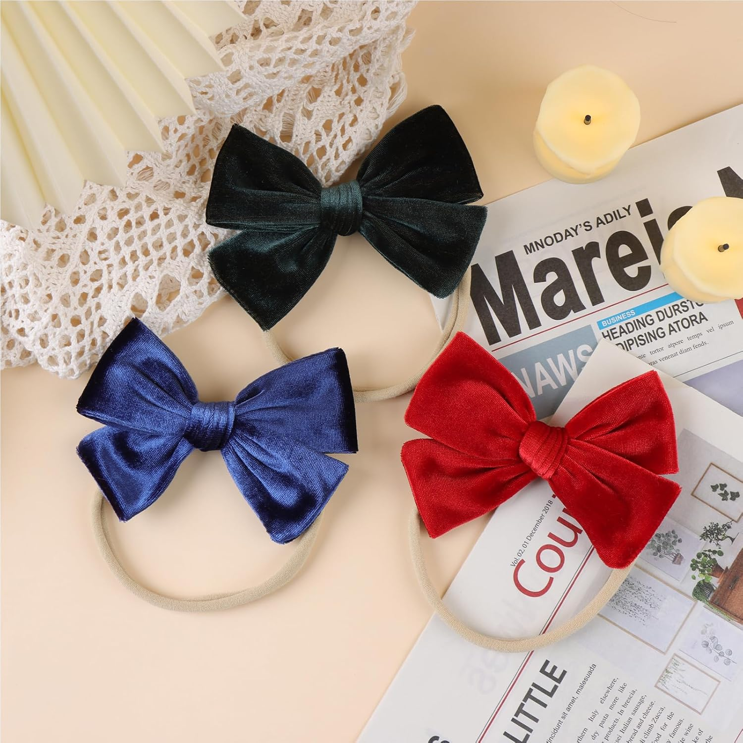 ONENINEDREAM Baby Girls 4" Velvet Hairband Handmade Tied Bow Elastic Nylon Hair Accessories, 3 Pcs Red, Green, Dark Green image number 2