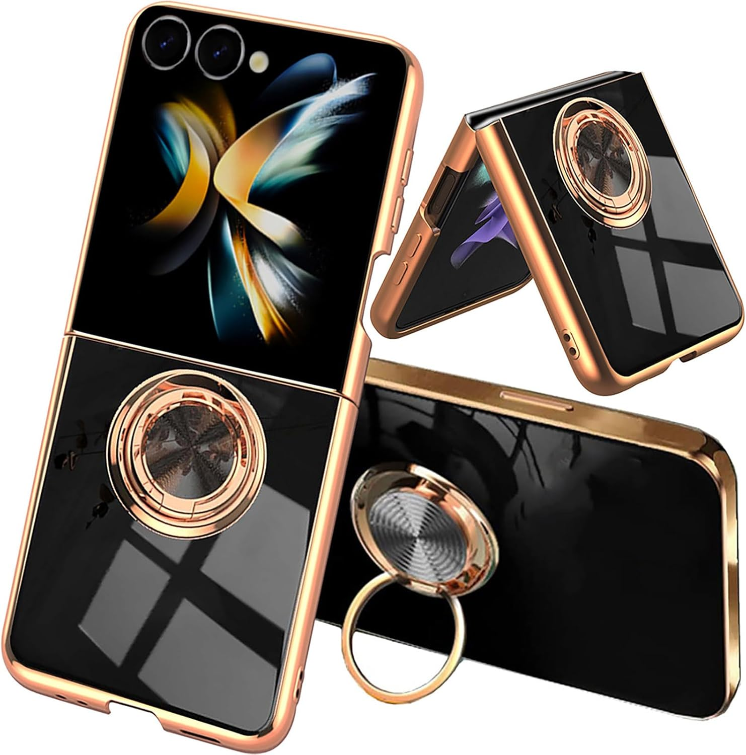 ILING Case for Samsung Galaxy Z Flip 7 5G (Z Flip7 5G) with 360 Degree Ring Stand, Luxury Galvanised Gold Trim, Soft TPU Silicone, Shockproof Protective Case, Ultra Thin Women'S Mobile Phone Case