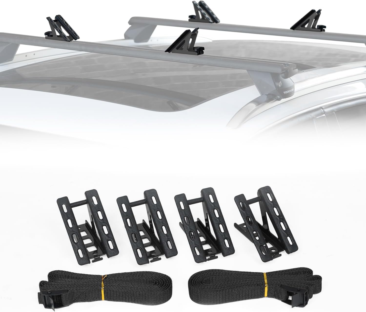 TOOENJOY Universal Metal Kayak Roof Rack Saddles, 4 Pack Car Top Kayak Canoes Carrier with Tie down Straps for Mounting on SUV, Car Crossbar (Black) image number 1