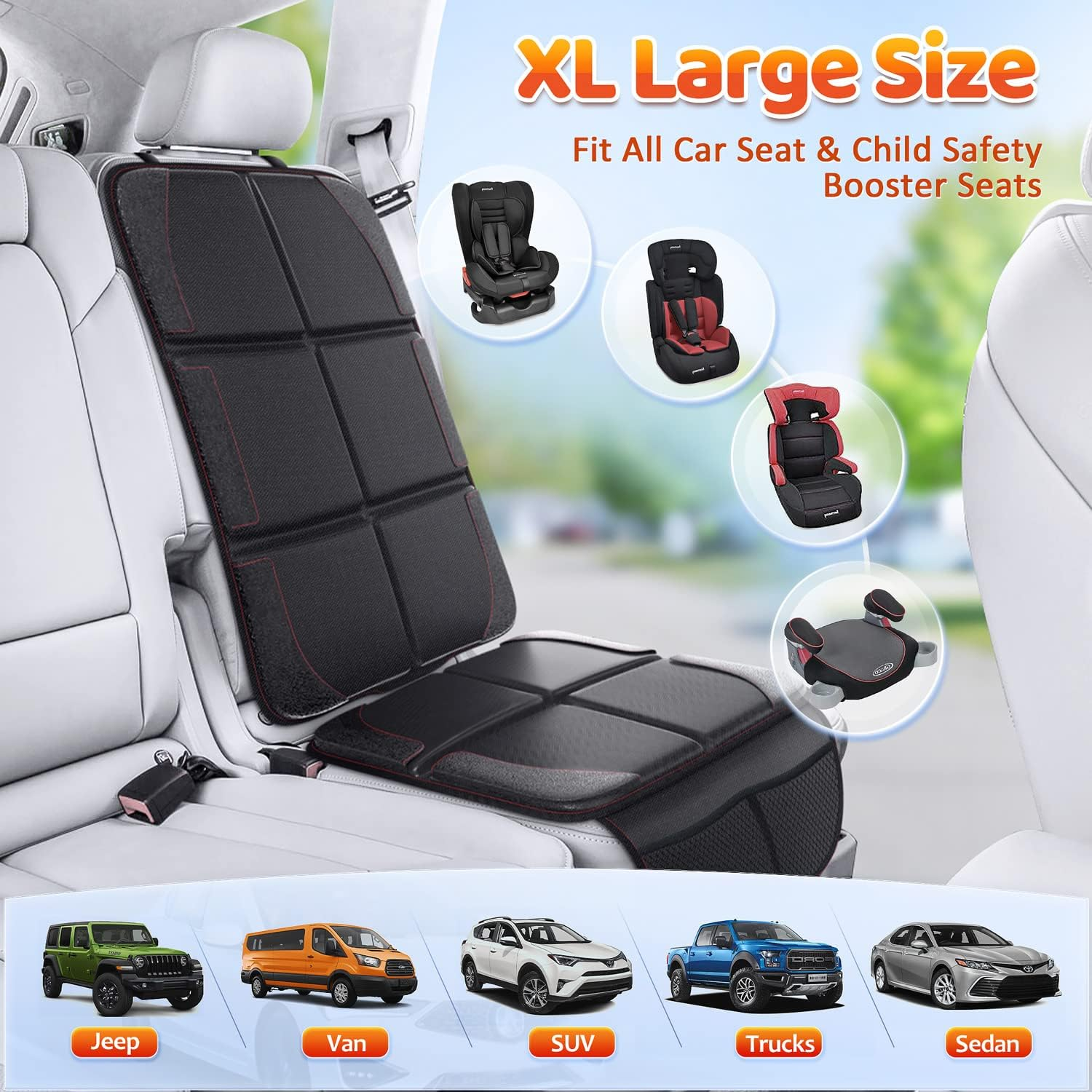 Gimars XL 5-Layer Thickest EPE Padding Car Seat Protector for Child Car Seat, Waterproof 600D Fabric Car Seat Protectors with Nonslip Backing,Storage Pockets for SUV, Sedan, Truck, Leather Seats image number 4