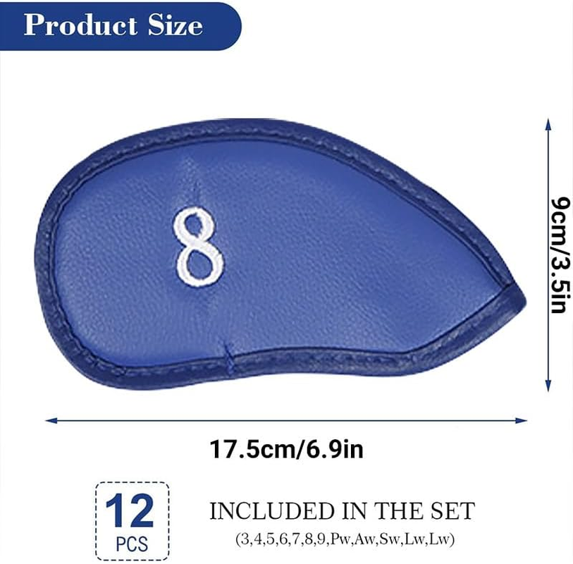 12 PCS Waterproof PU Leather Head Cover Golf Iron Club Putter Headcover 3-SW Set with Number Applique for Easy Recognition Black、Blue, Protective and Durable - Black Plain Pattern image number 6