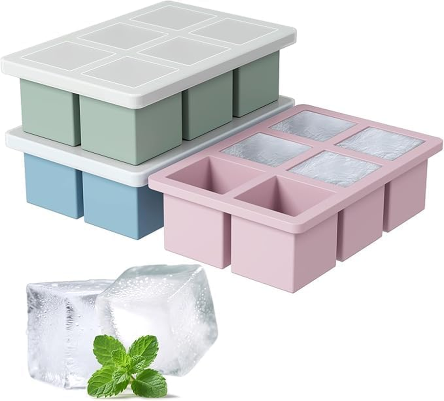 3Pack Large Silicone Ice Cube Tray for Whiskey, 2 Inch Ice Cube Tray Silicone, Easy-Release Ice Tray with Lid for Freezer, Perfect for Chilled Drinks, Freezer, Baby Food, Cocktail