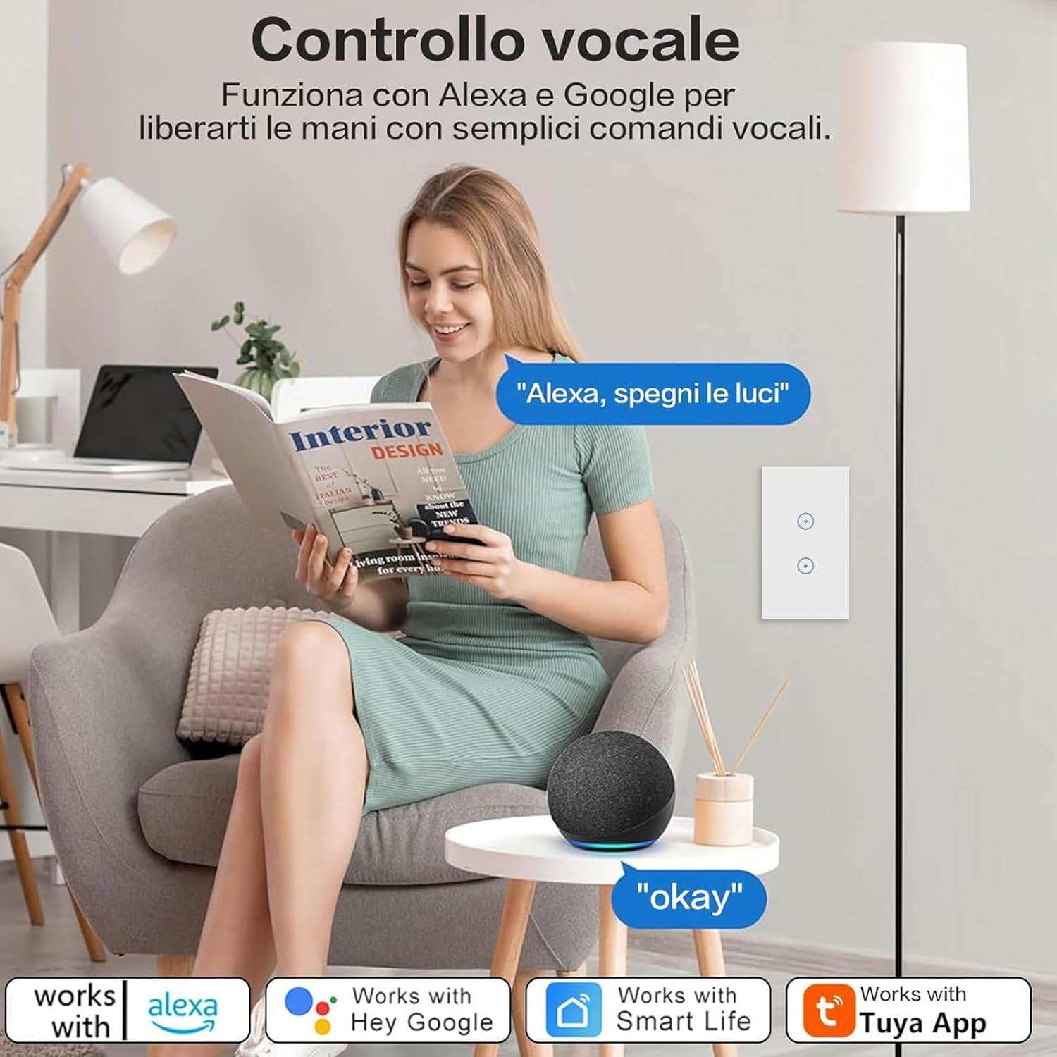 Useelink Wifi Smart Wall Light Switch,Glass Touch Panel 220V 2 Gang 10A 1000W Compatiable with Ios/Android,Compatible with Alexa, Google Assistant, No Hub Required White SAA image number 4