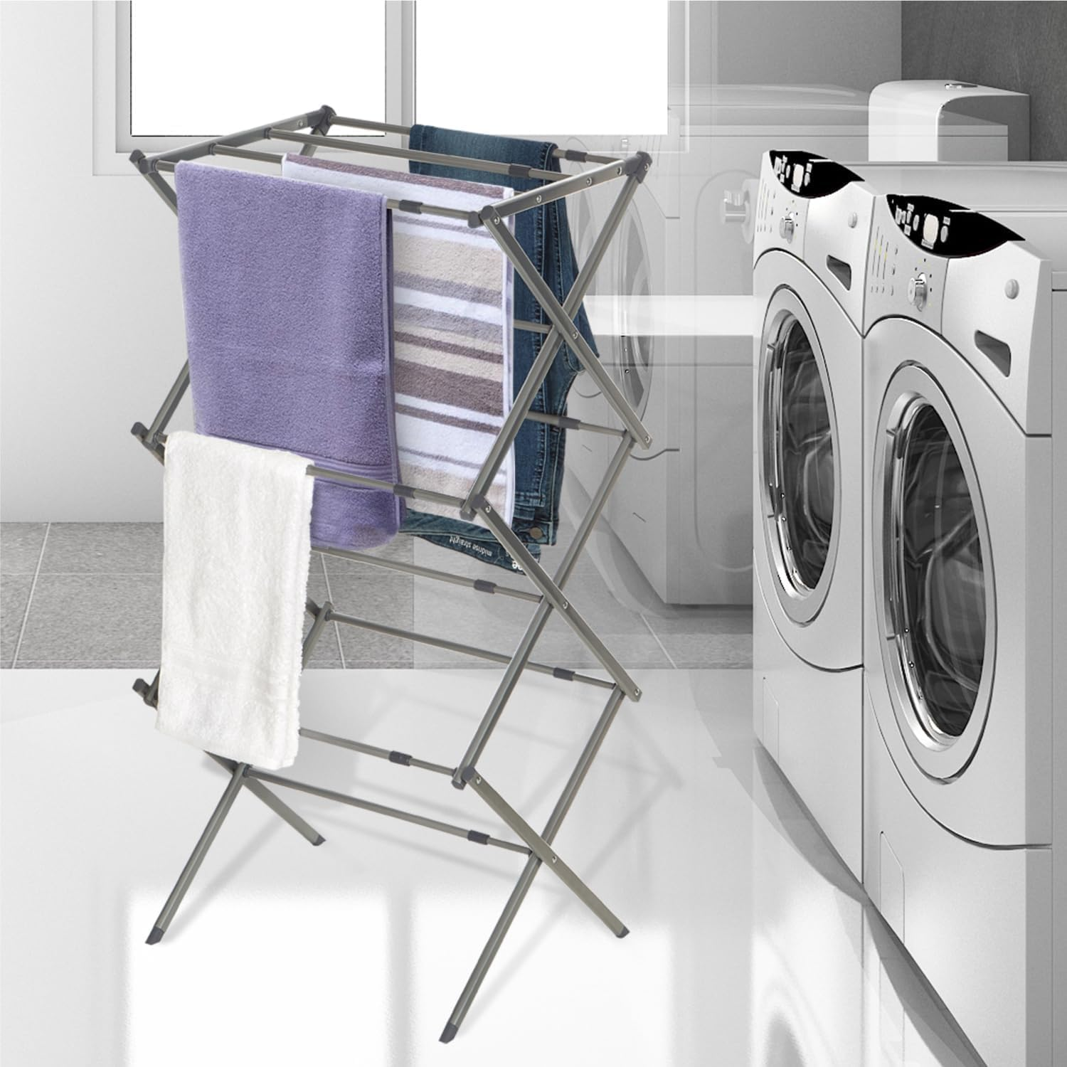 Pre-Assembled Clothes Drying Rack, XICEN Retractable Clothes Rack, Space-Saving Laundry Rack, Expandable Laundry Drying Rack, Towel Rack for Indoor and Outdoor Use (Grey) image number 2