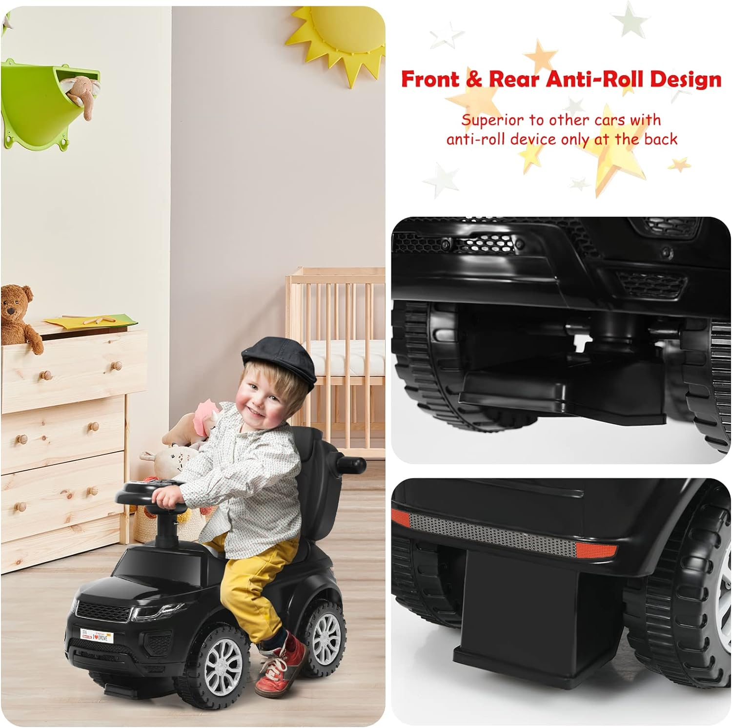 HONEY JOY 3 in 1 Kids Ride on Push Car, Stroller Sliding Walking Car with Horn, Music, Light, under Seat Storage, Push Handle, Armrest Guardrails, Push Cars for Toddlers Boys & Girls Aged 12-36 Months image number 4