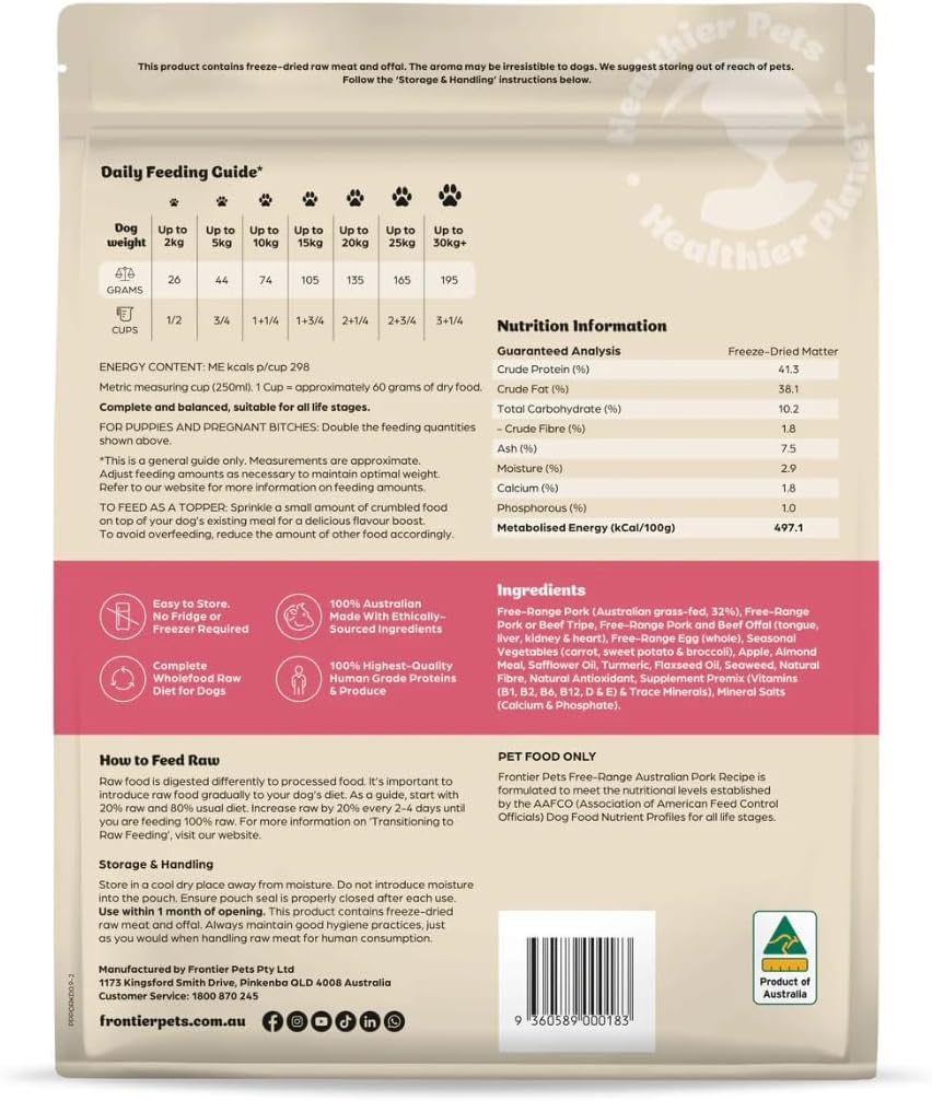 Frontier Pets Freeze-Dried Raw Dog Food &ndash; Pork &ndash; 900G &ndash; All Natural, Gluten Free