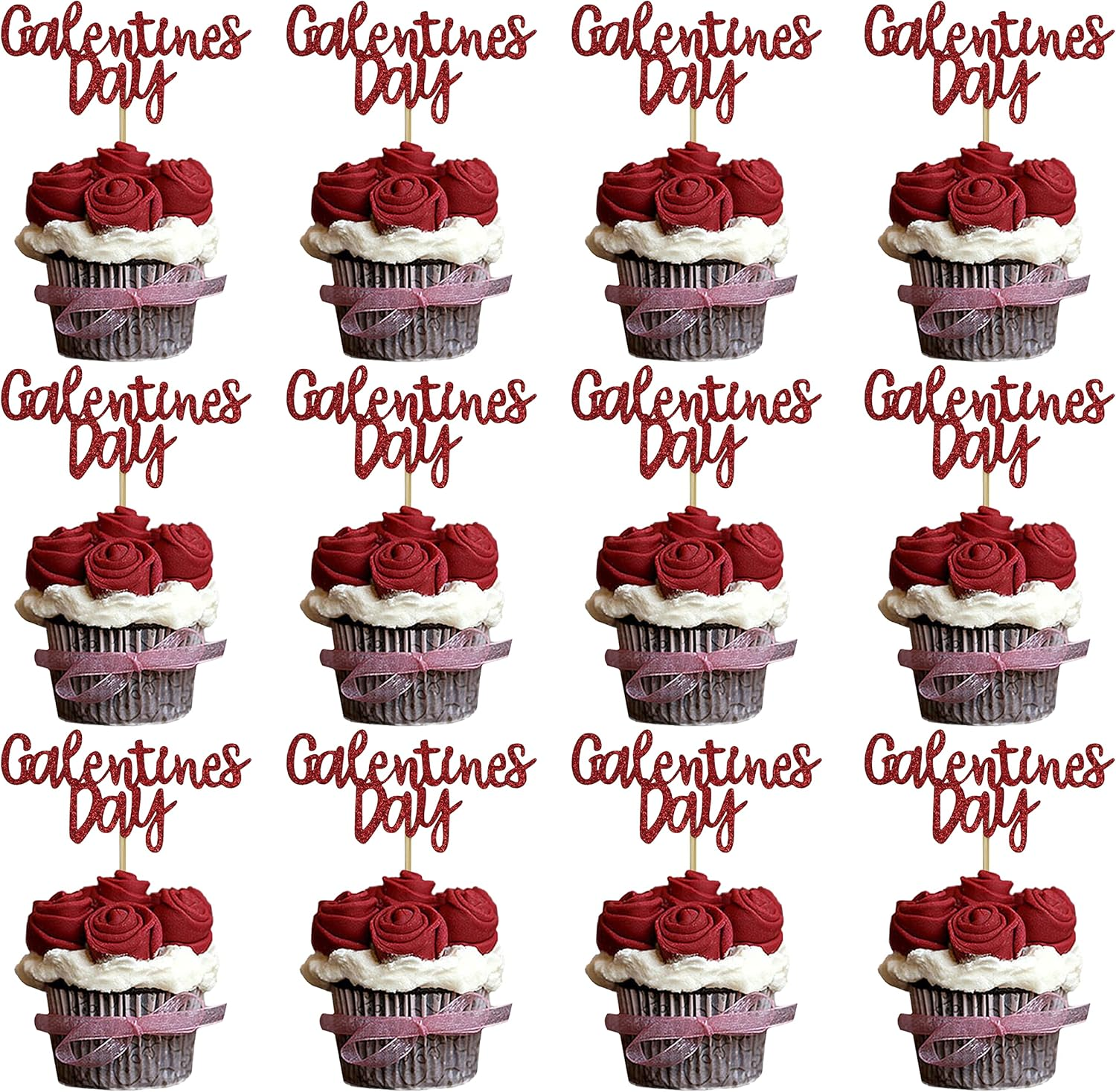 Galentines Day Cupcake Toppers Decorations, Red Glitter Happy Galentines Day Cupcake Toppers for Galentine'S Day Decoration, Friends Galentines Party Decor, Valentines Day Party Decorations -24PCS image number 1