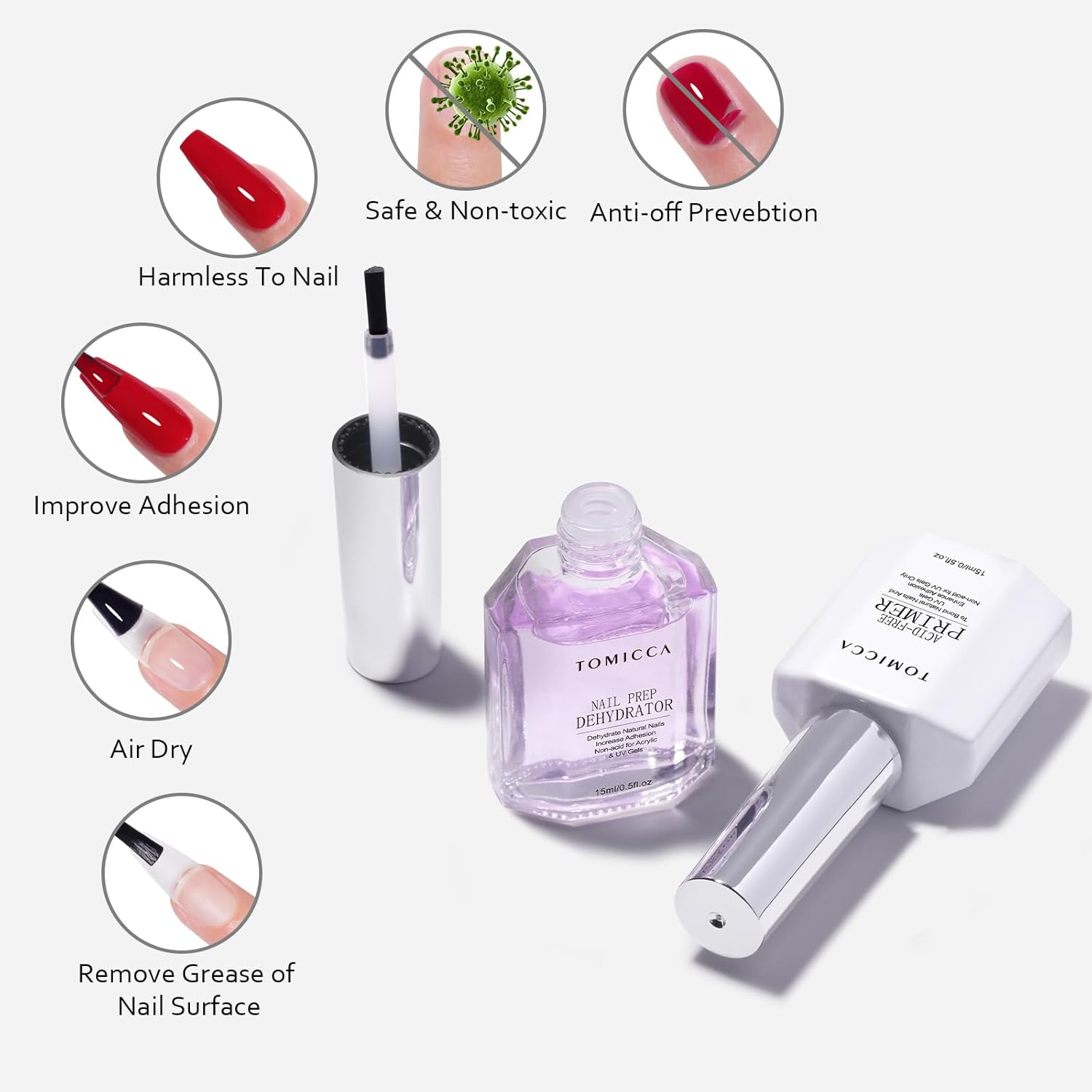 TOMICCA Nail Dehydrator and Primer Set, 2 * 15ML Gel Nail Polish Nail Primer and Nail Dehydrator, Acid Free Superior Protein Bonding, Fast Air Dry for Gel Polish and Acrylic Powder image number 5
