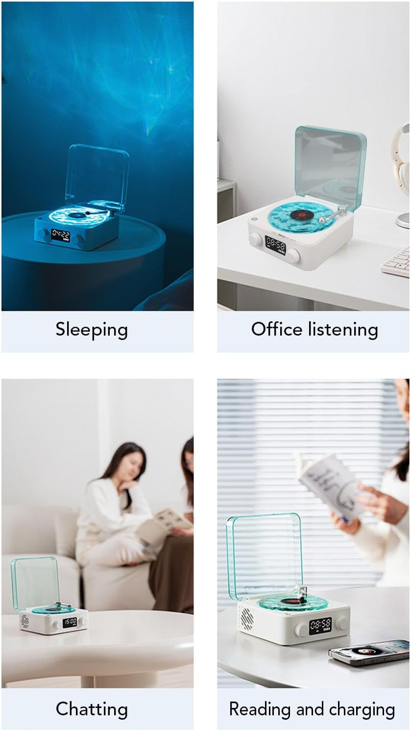 Vintage Record Player BT Speaker, Time Display Clock and Soft Night Light Design, Portable 4 Modes Cordless Turntable Stereo Speaker for Home Bedroom (White) image number 4