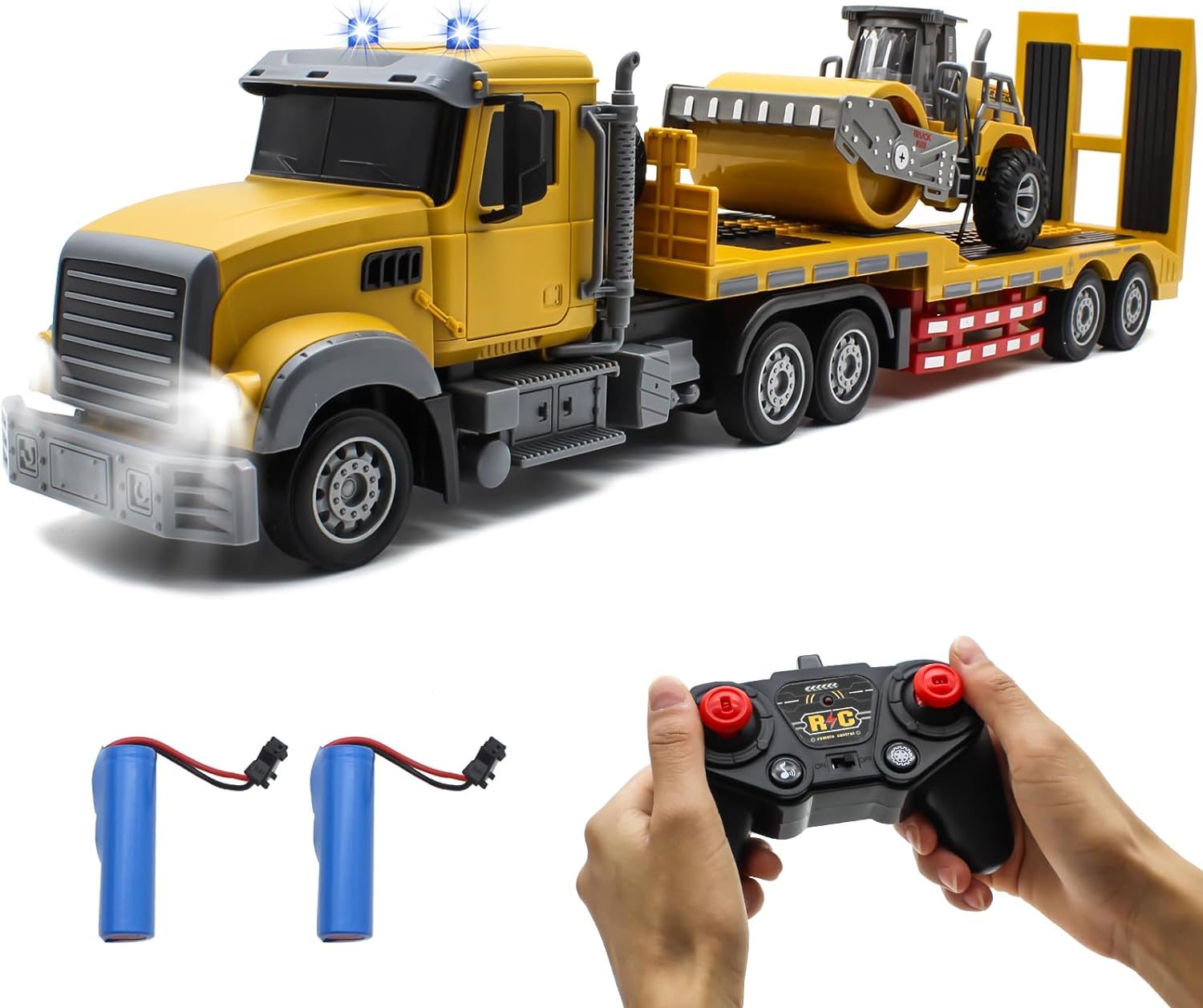 Fistone RC Semi Truck with Trailer, 1:24 RC Semi-Trailer Engineering Tractor with Sound and Lights, 2.4Ghz Remote Control Flatbed Truck with Road Roller Toys, Construction Vehicles Toy for Boys image number 3