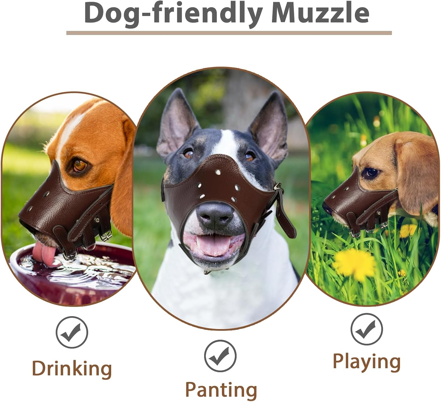 BARKLESS Dog Muzzle Leather, Comfort Secure Anti-Barking Leather Dog Muzzle for Small Medium Large Dogs, Breathable and Adjustable, Allows Drinking and Panting, Used with Collars
