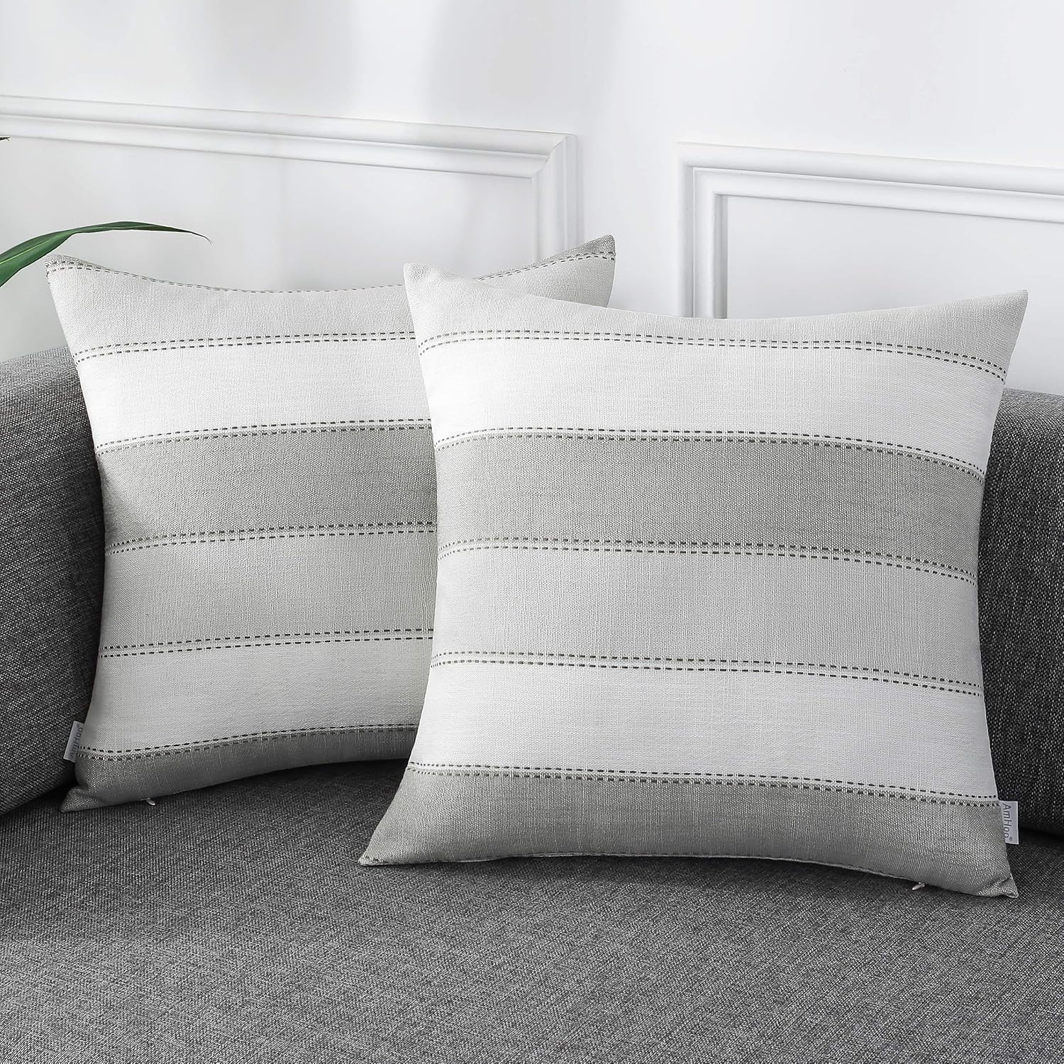 Amhoo Pack of 2 Farmhouse Stripe Check Throw Pillow Covers Set Case Cotton Linen Decorative Pillowcases Cushion Cover for Couch Bench Sofa 18X18Inch Light Grey Beige image number 7