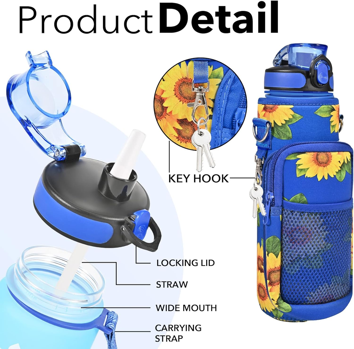 32 Oz Water Bottles with Straw & Strap, Motivational Water Bottles with Times to Drink, BPA Free Reusable Sports Water Bottle with Sleeve Carrier for Hiking, Travel, Running or Fitness (Sunflowers) - Mars Green image number 4