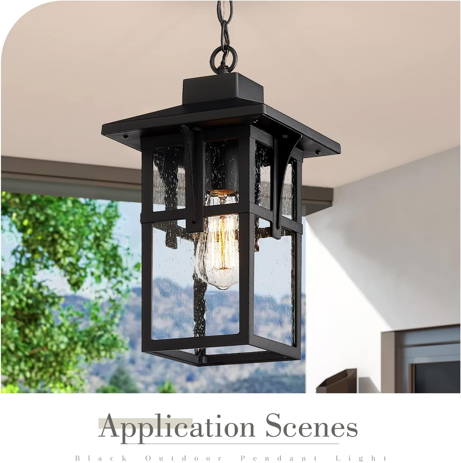 EMLIVIAR Exterior Ceiling Pendant Light for Hallway Porch, Modern Outdoor Hanging Light, Black Finish with Seeded Glass, AUX05H BK image number 2