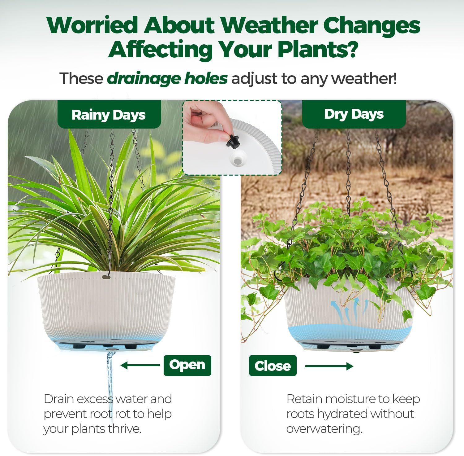 T4U Hanging Planter Self Watering 8 Inch, 2 Pack White Indoor Outdoor Hanging Plant Pots, Hanging Flower Pot with Drainage Hole & Plug & Chain with 3 Hooks for Garden Home Decor image number 2