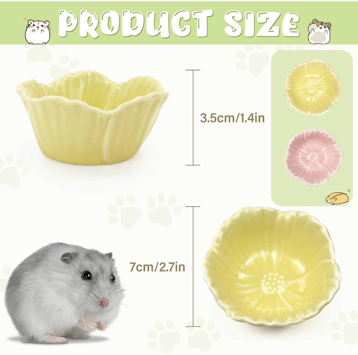 Small Ceramic Hamster Bowl, Easy to Clean anti Flipping Hamsters Food and Water Bowl, Small Animal Bowls for Dwarf Hamster, Parrots (Yellow+Green, S,2Pcs)