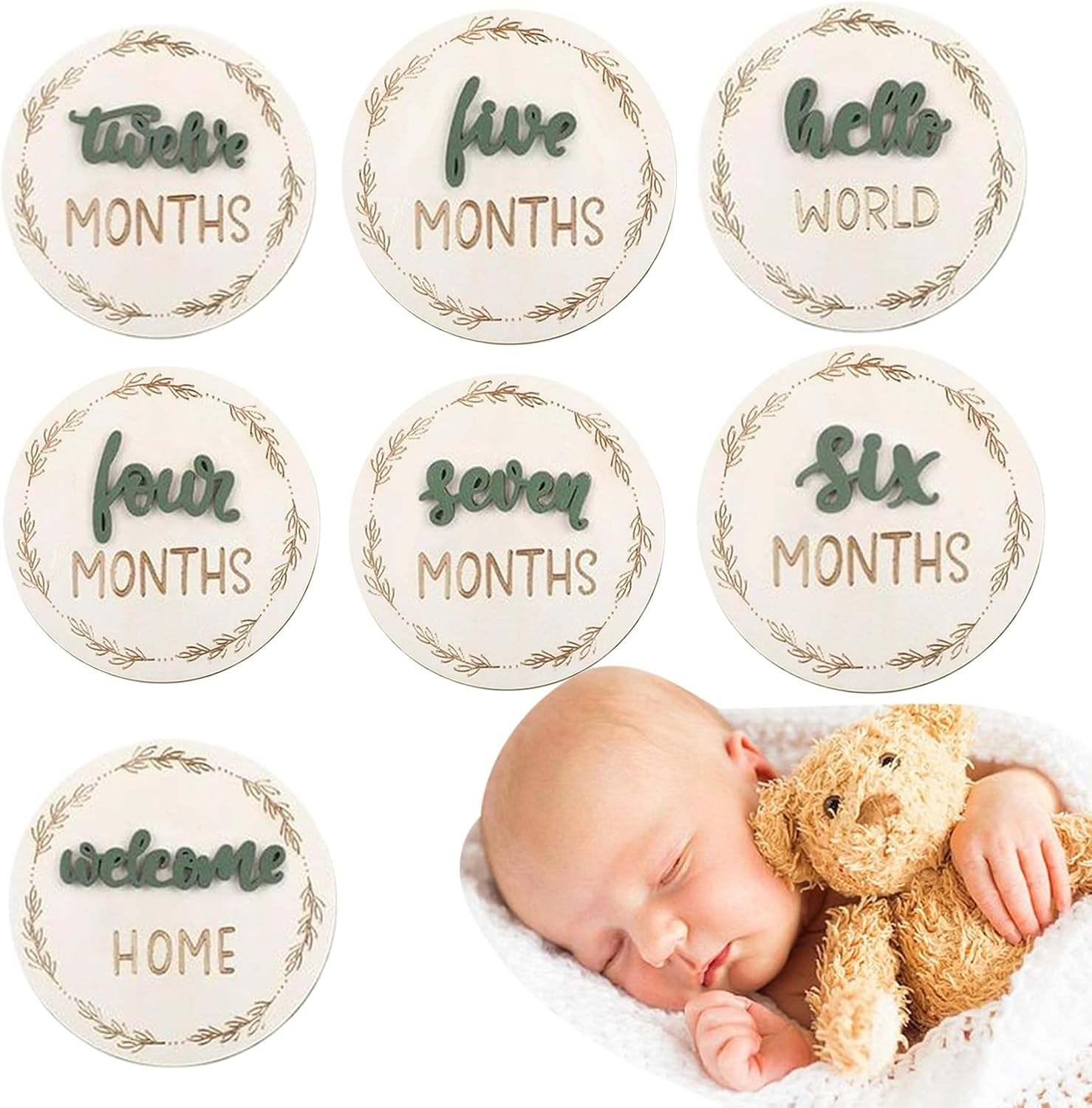 Month Baby Announcement Signs | 3D Monthly Photos Marker Disc | Decorative Wooden Birth Growth Cards, Reusable Month Marker Discs for Kids Room Nursery Living Room