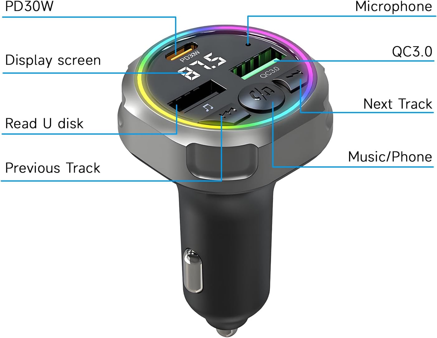 QUMOX Bluetooth 5.3 FM Transmitter Car Charger, PD 30W + QC3.0 Fast Charging, RGB Ambient Light, Dual USB Ports, Hands-Free Calling, Hi-Fi Music, Compatible with Iphone/Samsung/All Vehicles image number 4