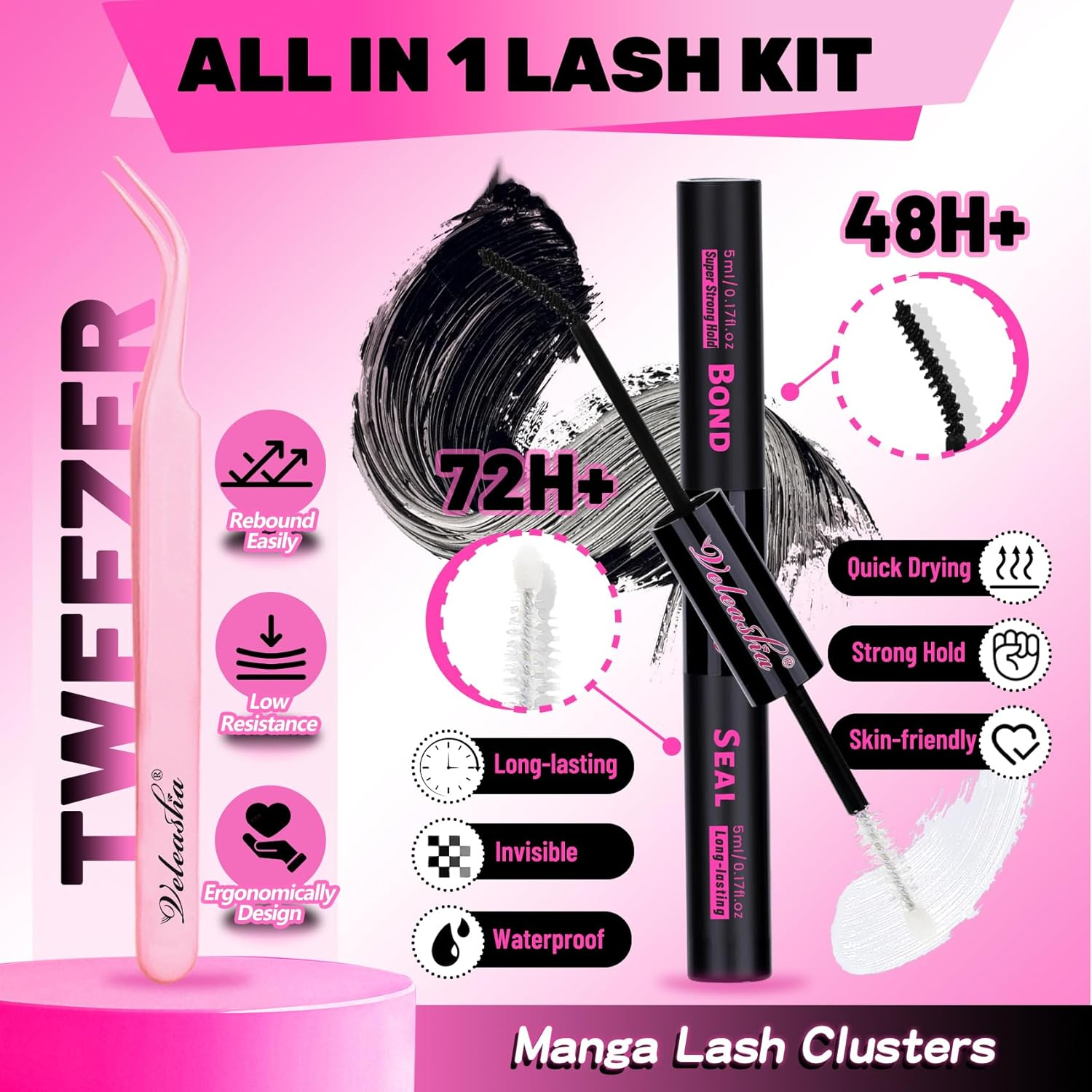 Veleasha Manga Lash Custers Set with Waterproof Lash Bond and Seal C Curl, 80 Pieces, 10-14 Mix Anime Cluster Eyelashes, Strong Hold, Non-Irritating Eyelashes, Glue for Eyelash Extensions (Begonia Kit image number 6