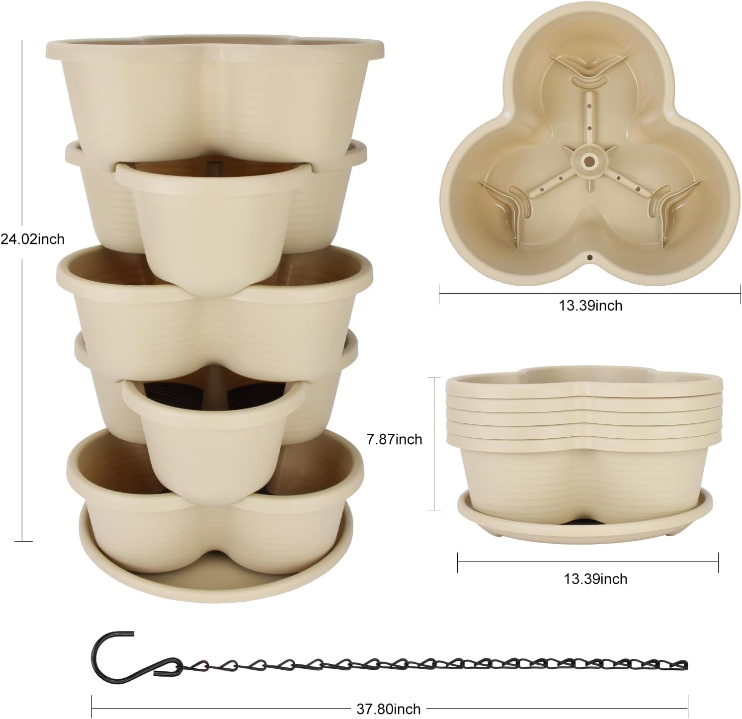 Rootrimmer 5 Tier Tower Stackable Planter, Strawberry Planter, Vertical Gardening Indoor/Outdoor Planters, Herb Planter for Growing Flowers, Vegetables and Succulents (Off-White)