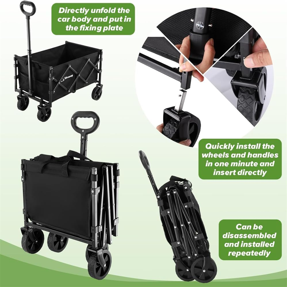 Collapsible Folding Wagon,Wagon Carts with Wheels Folding,Heavy Duty Foldable Utility Beach Wagon with Big Wheels,Utility Foldable Outdoor Garden Wagon Cart for Sports,Outdoor Portable Garden Cart