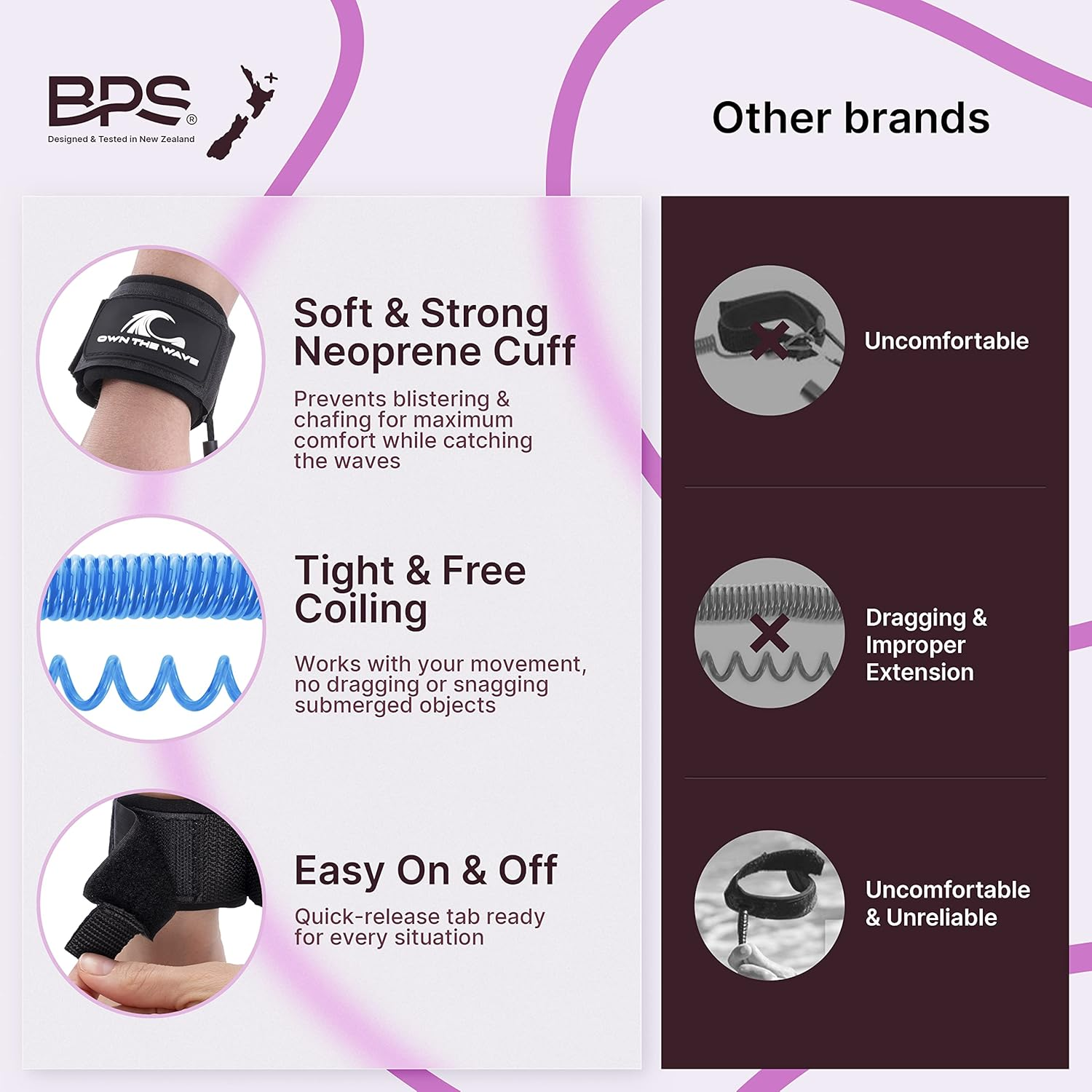 Own the Wave Bodyboard Leash &ndash; Premium Coil 4Ft Coiled Wrist Boogie Board Leashes with Plug - Bright Blue image number 6