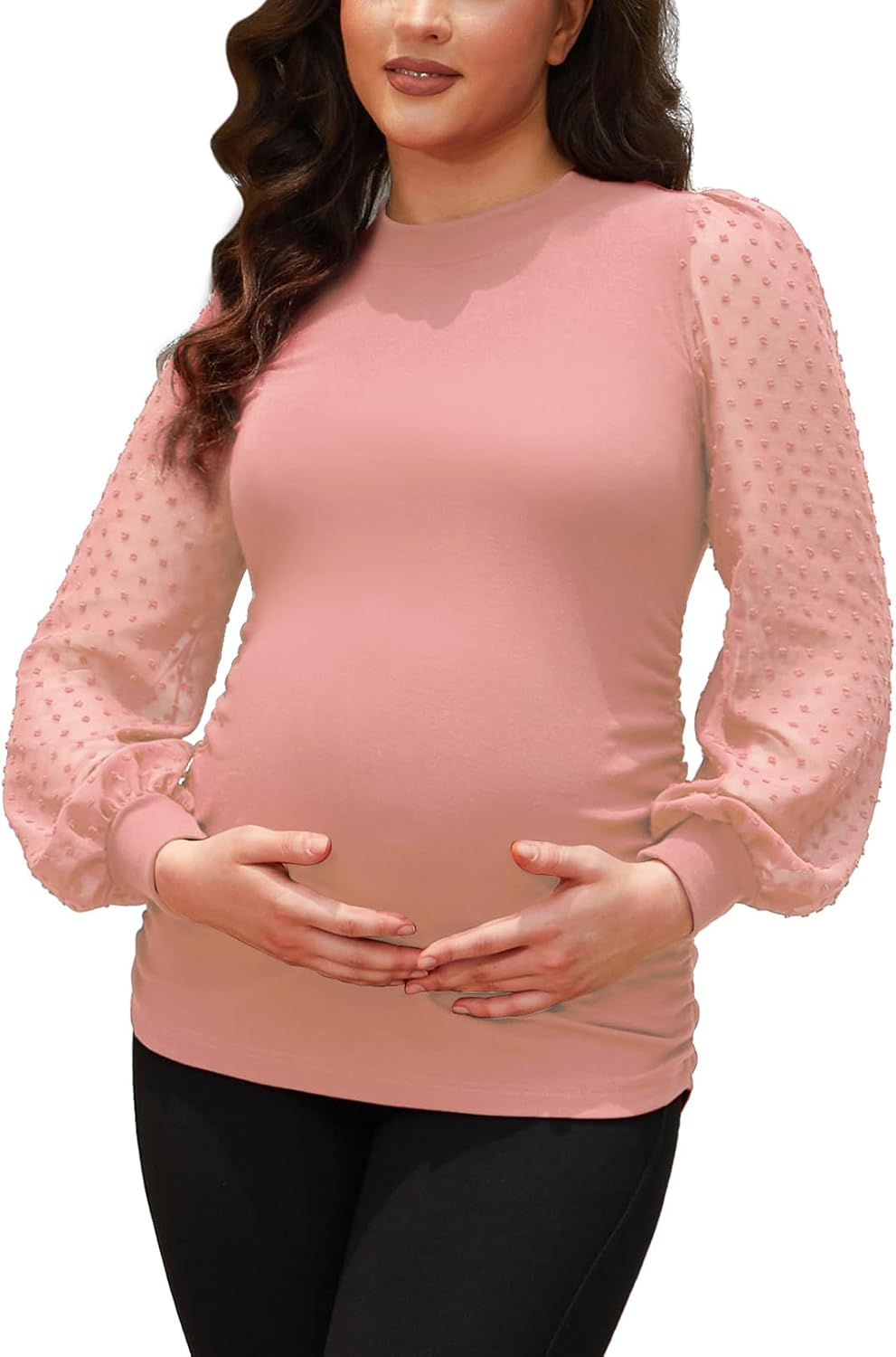 Bhome Mock Neck Maternity Shirt Ribbed Knit Maternity Blouse Mesh Long Sleeve Fitted Pregnant Top image number 1