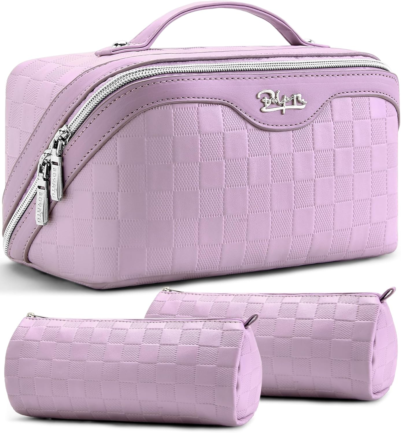 BOYATU Travel Makeup Bag Cosmetic Bags for Women: Large Capacity 3 Pcs Set Make up Bag with Compartments - Waterproof Vegan Leather Toiletry Organizer Bags with Handle (L02 Light Pink)