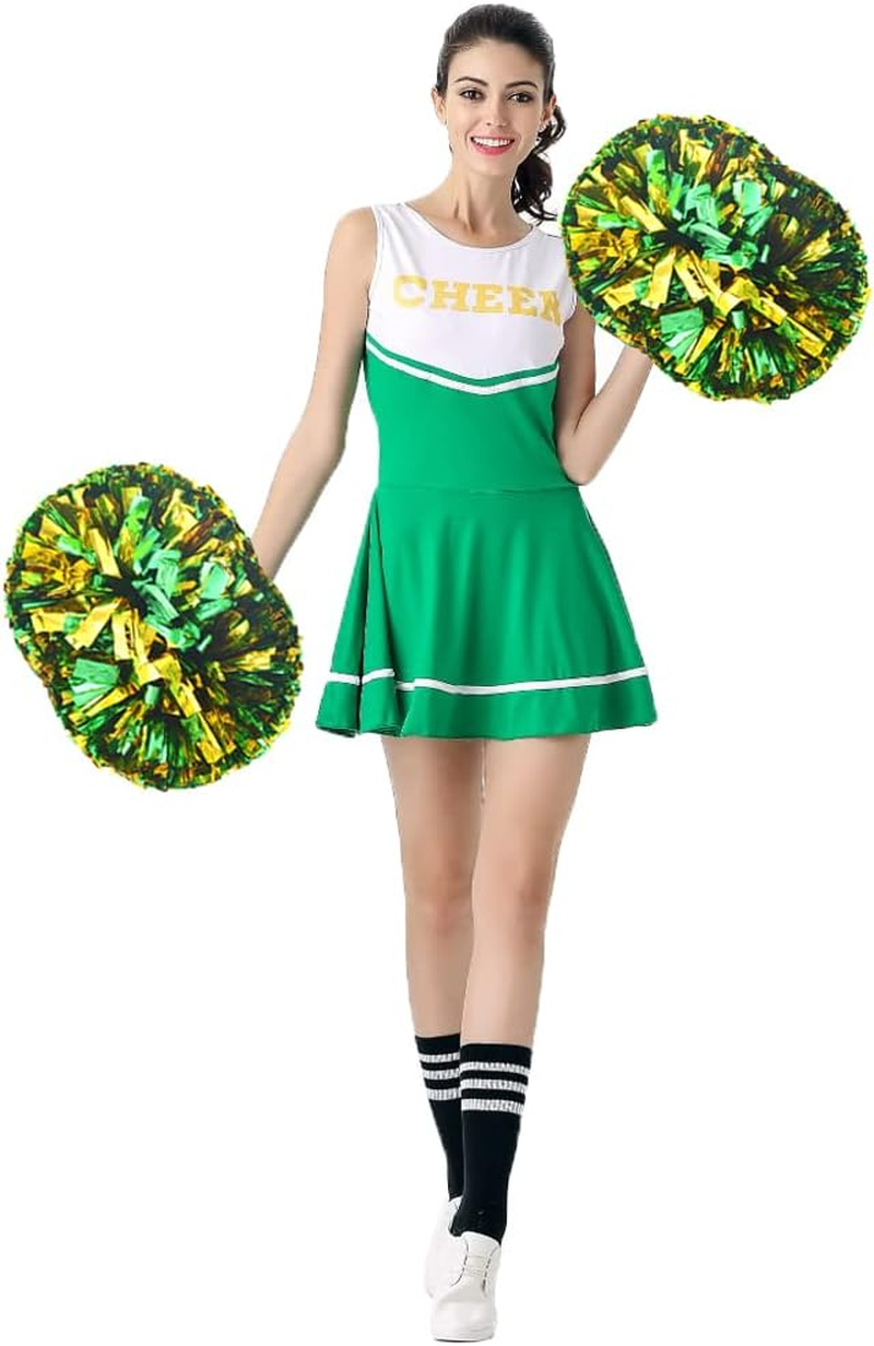 4 Pack Cheerleading Pom Poms,Metallic Cheer Pom Poms with Training Baton Handle for Team Sport Spirit Squad Bulk Cheerleaders(Green and Gold)