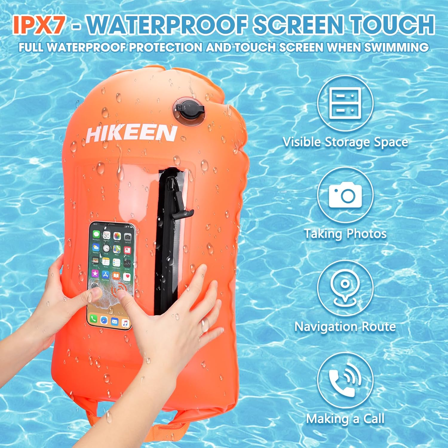 Hikeen Swim Buoy -Waterproof Touchscreen Storage Space, Swim Buoy Adjustable Waist Belt for Open Water Swimmers -Be Bright Be Safer image number 4