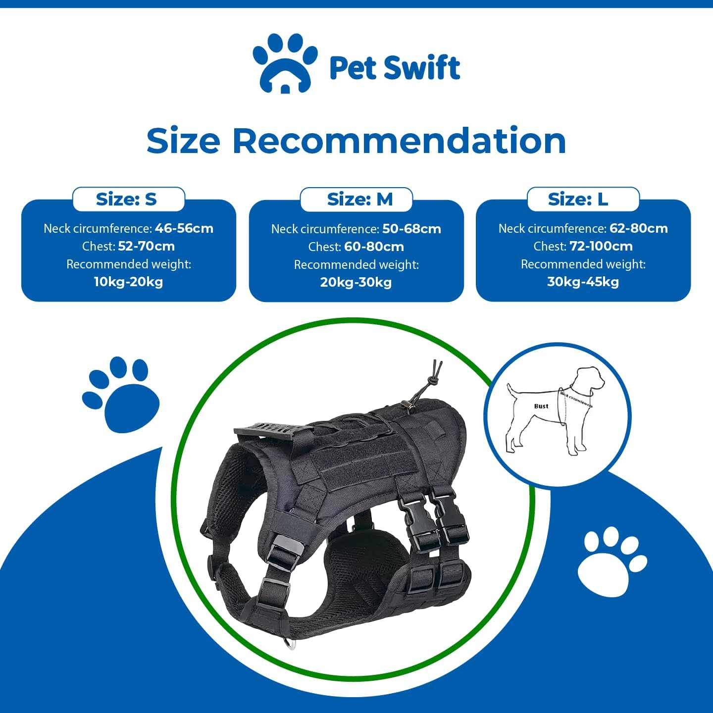 Pet Swift Tactical Dog Harness (Black, Large) - No Pull Dog Harness for Safety and Control - Adjustable for Comfortable Fit - Durable Material - Ideal for Training, Walking, Hiking image number 3