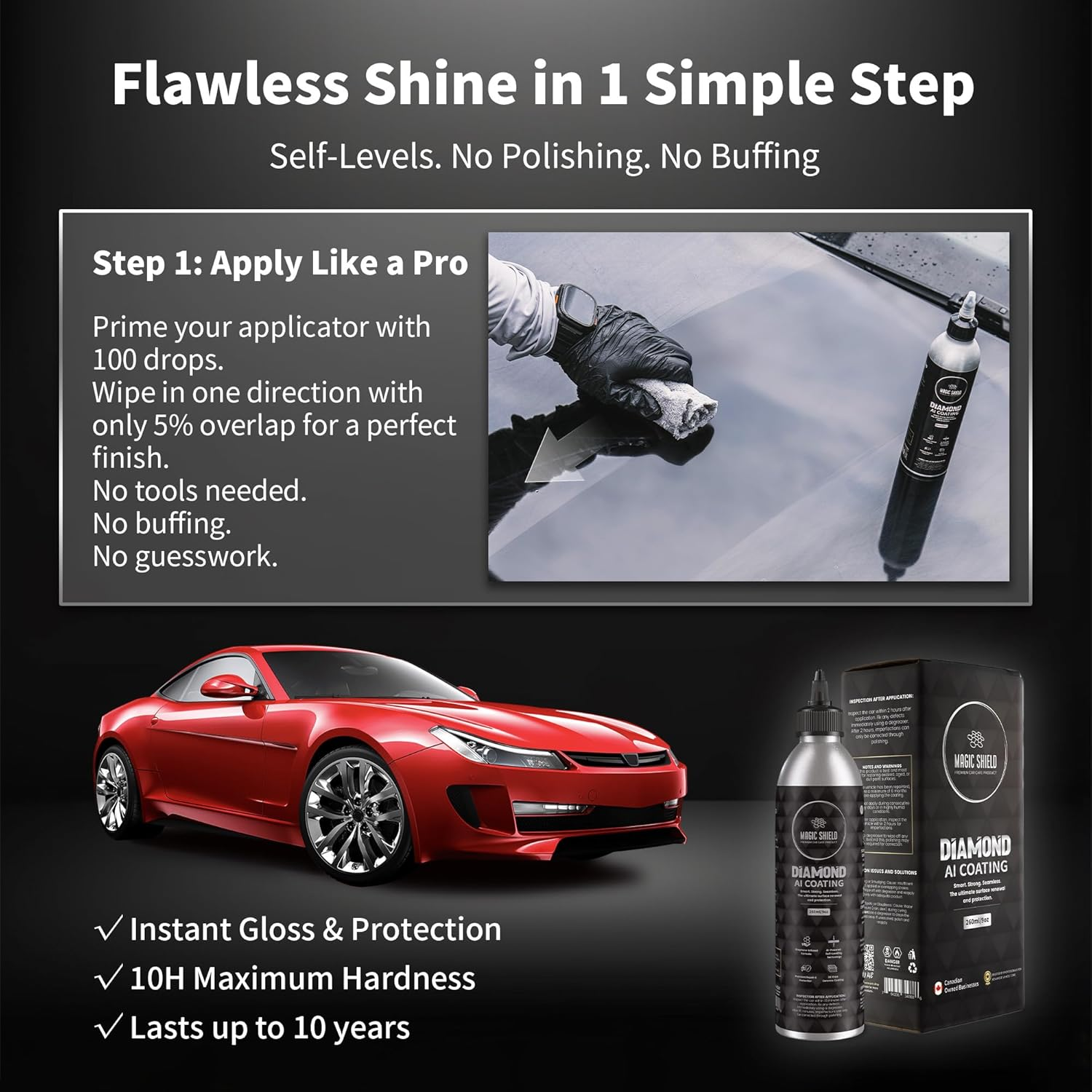Magic Shield Diamond AI Coating &ndash; Graphene Liquid Self-Leveling Techology | Repairs & Protects | Last for 10 Years | High-Gloss Shine | Hydrophobic & Scratch-Resistant | for Car Paint, Headlights ONLY image number 1